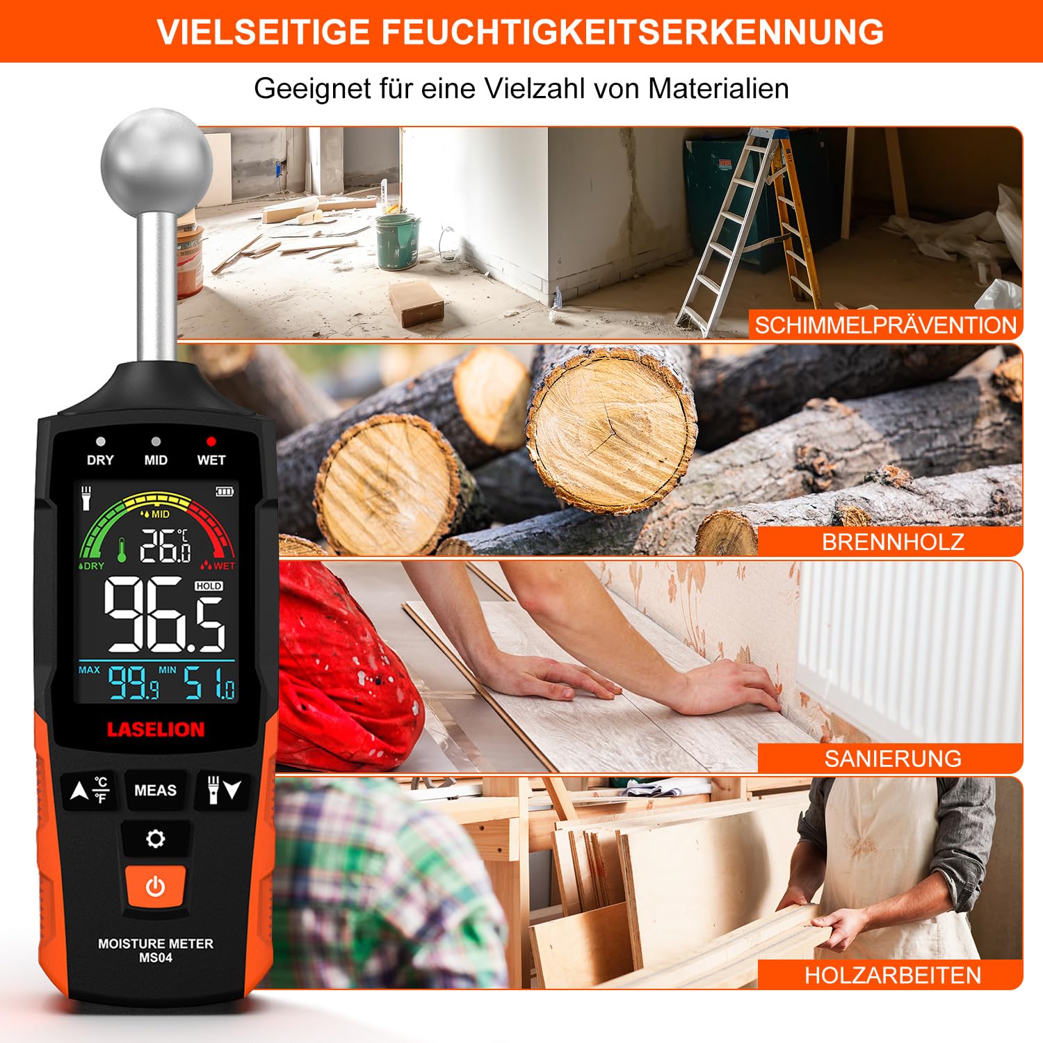 Thumbnail 5 de LASELION MS04 Feuchtigkeitsmessgerät 5–40 mm 📏