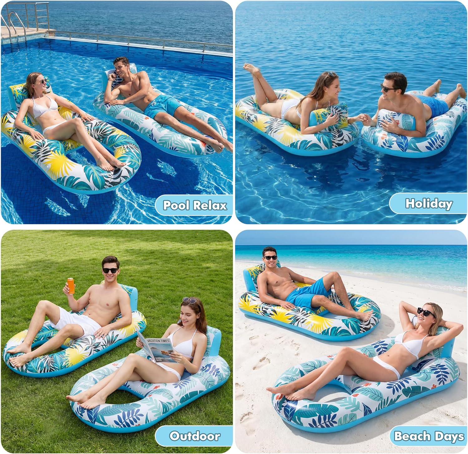 Thumbnail 3 de 2-Pack Adult Pool Float Loungers with Cup Holders, Backrest & Footrest (Pink/Blue)