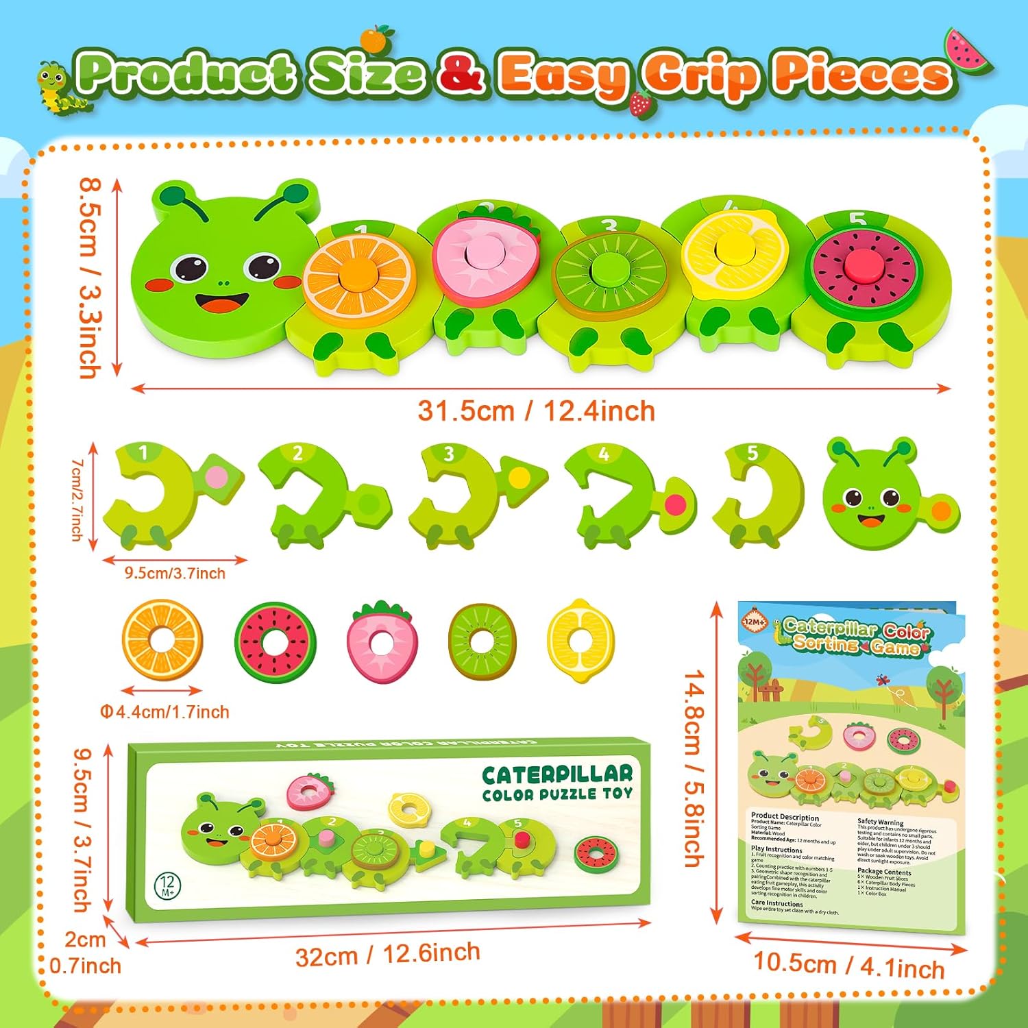 Thumbnail 6 de Caterpillar Montessori wooden puzzle toy for 1–2 year olds (caterpillar colour sorting & shape matching)