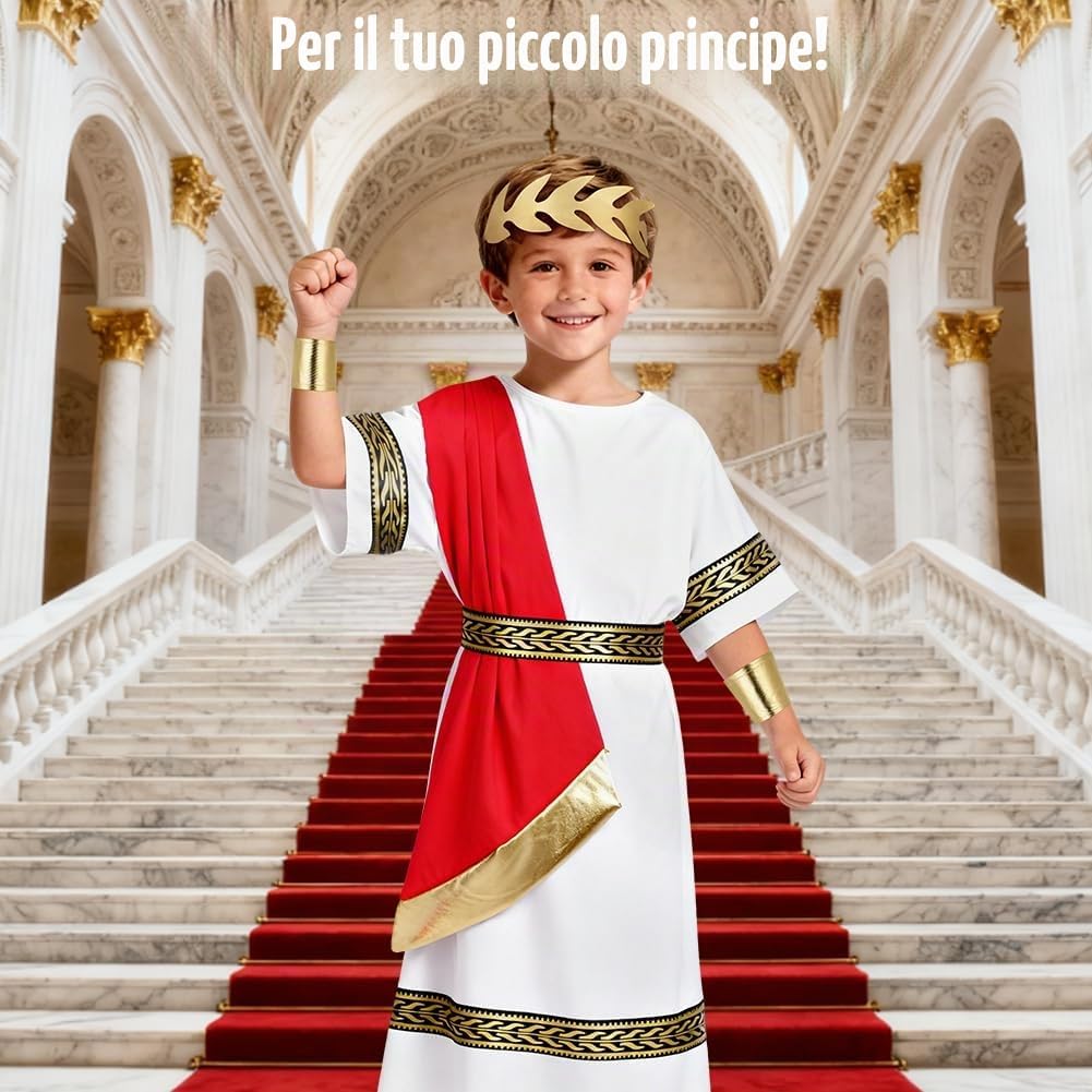 Thumbnail 5 de BSBUY Costume antica Grecia e Roma per bambini bianco e rosso con toga, cintura e fascia