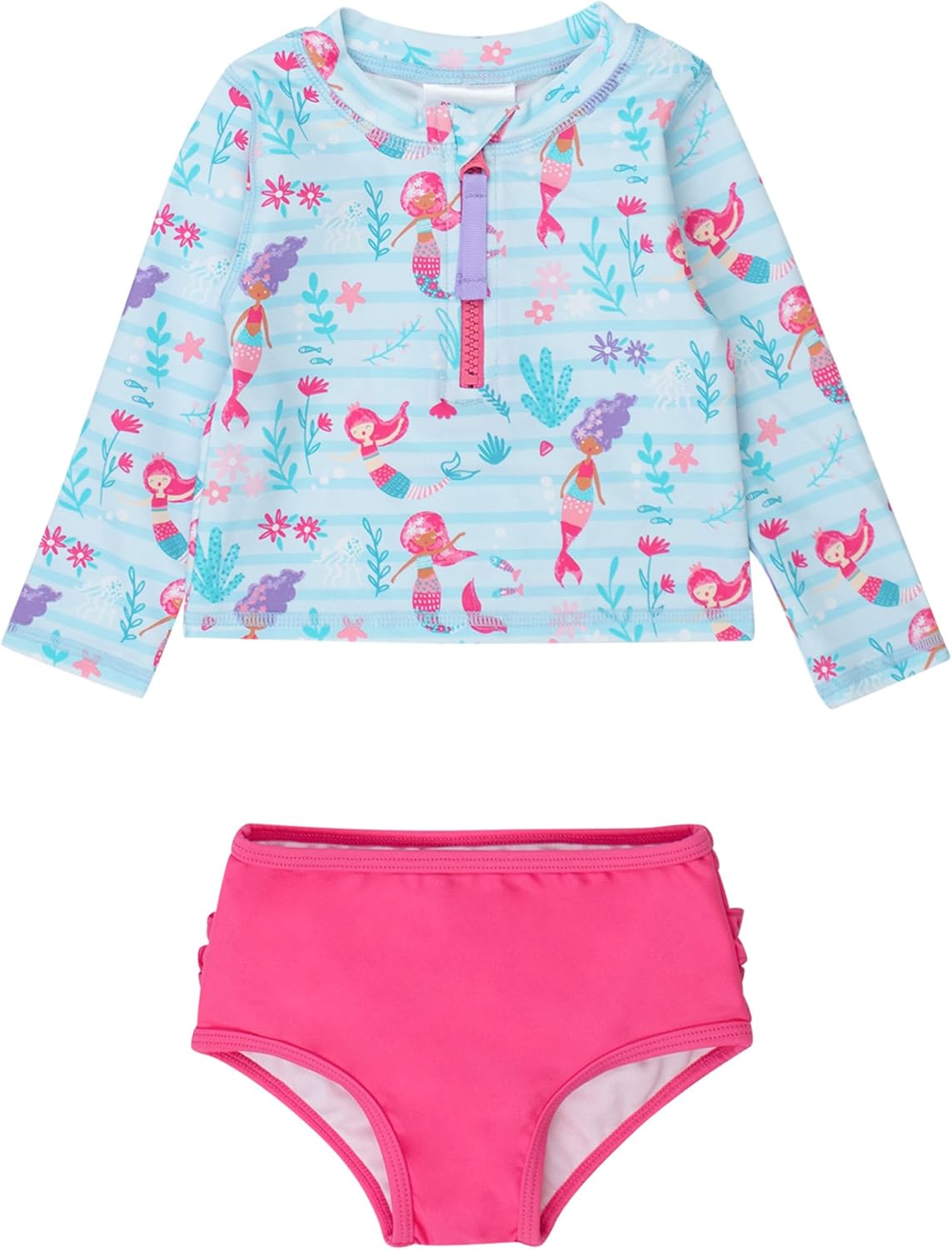 Thumbnail 6 de RuffleButts Baby/Toddler Girls Long Sleeve Rash Guard 2-Piece Swimsuit Set with UPF 50+ and Zipper