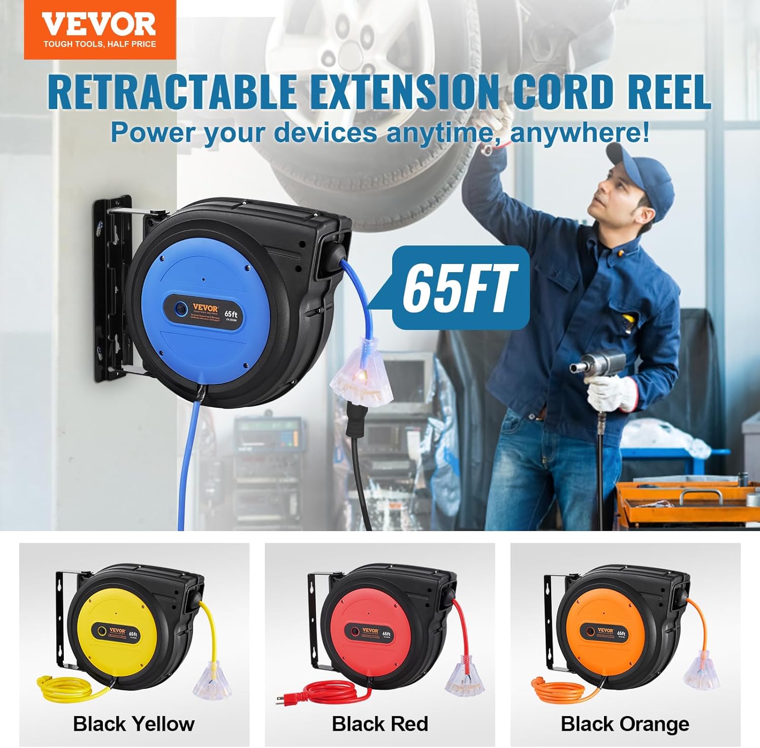 Detalle 2 de VEVOR Retractable Extension Cord Reel 65 FT 🔌