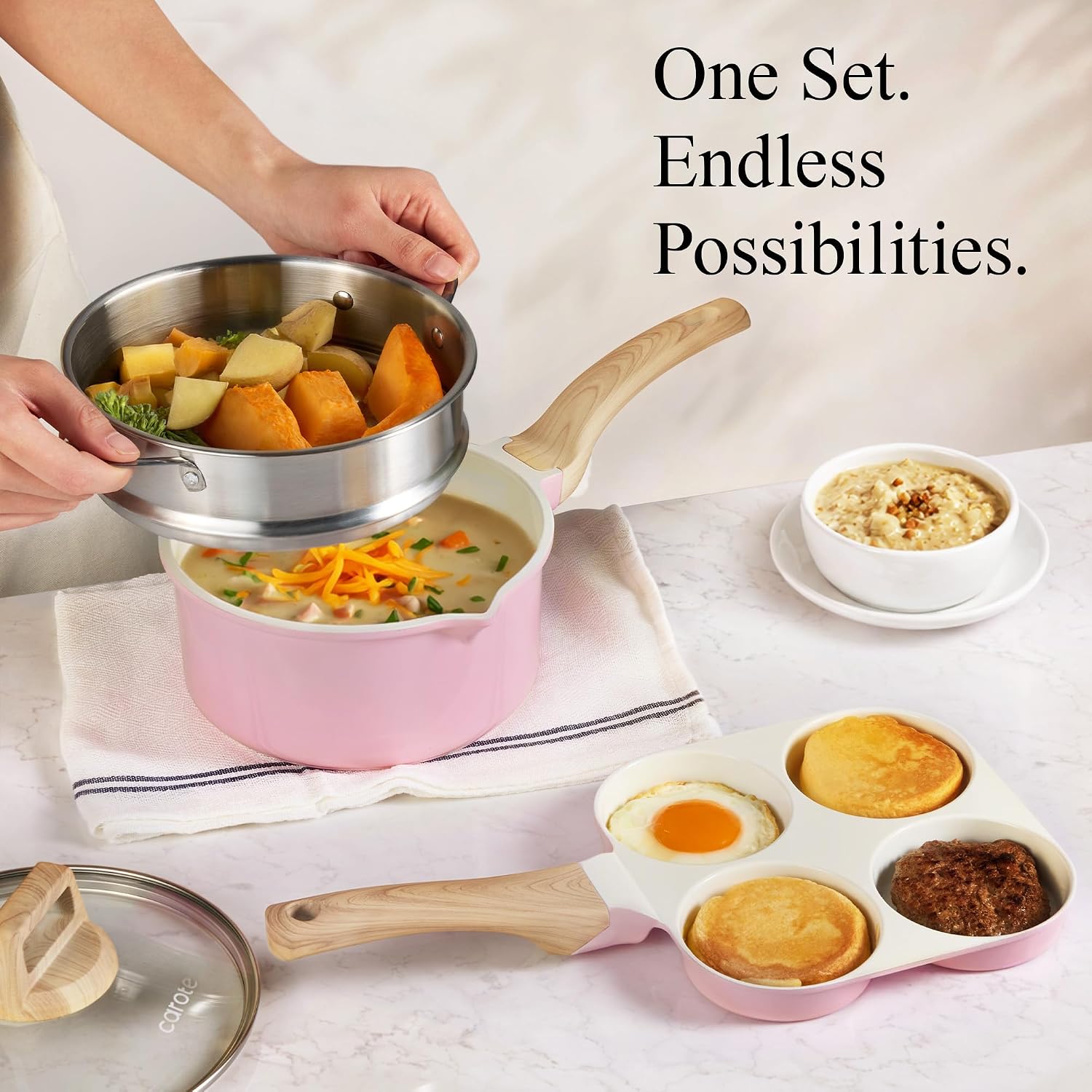 Thumbnail 6 de CAROTE Ceramic Cookware Set, 14 PCS Pink Nonstick Pots and Pans — Induction Ready & PFOS/PFOA Free