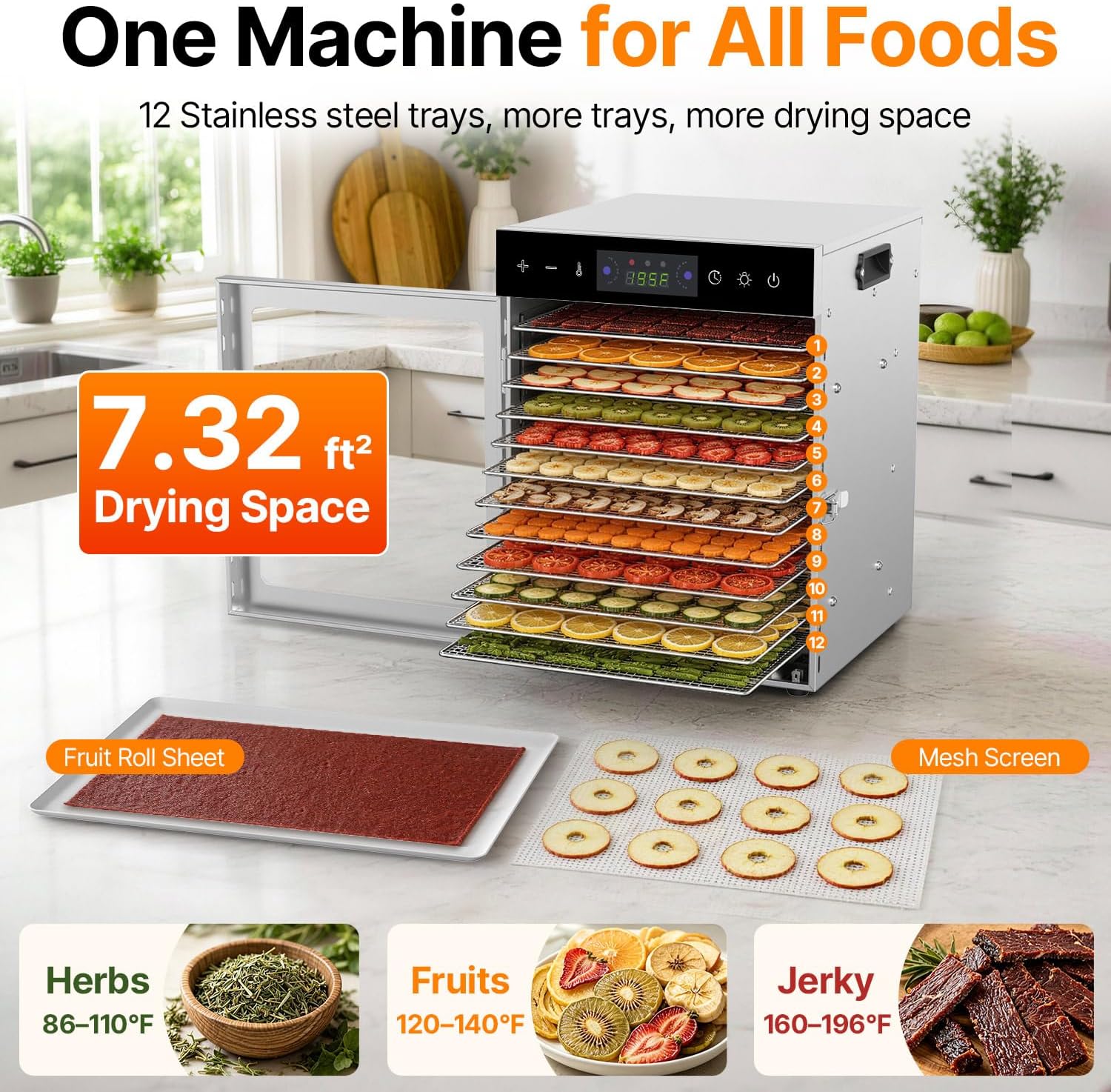 Thumbnail 3 de HOPERAN 12-Tray Food Dehydrator: Stainless Steel, Digital Temp & Time, BPA-Free