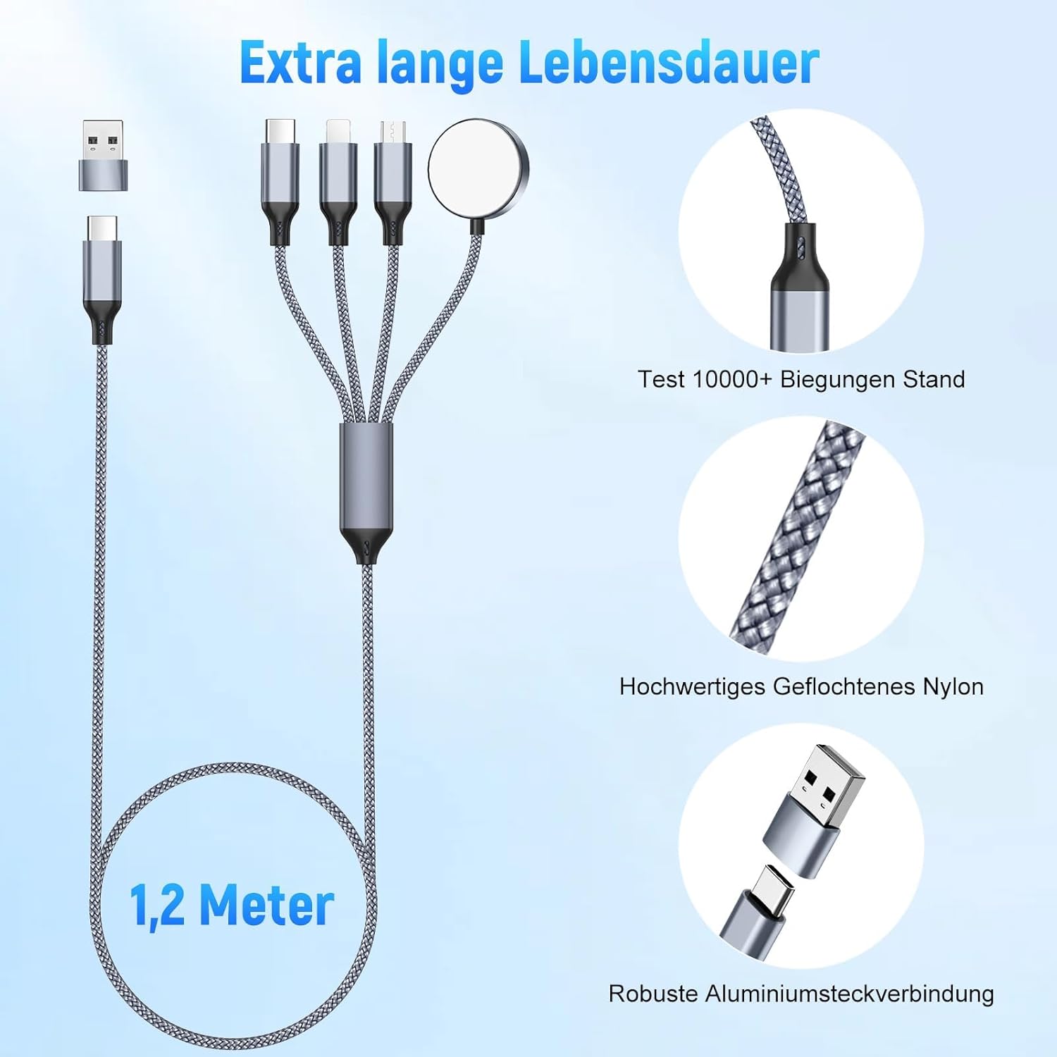 Detalle 1 de Multi 4‑in‑1 Ladekabel 1,2 m für iPhone, iPad, AirPods, Watch