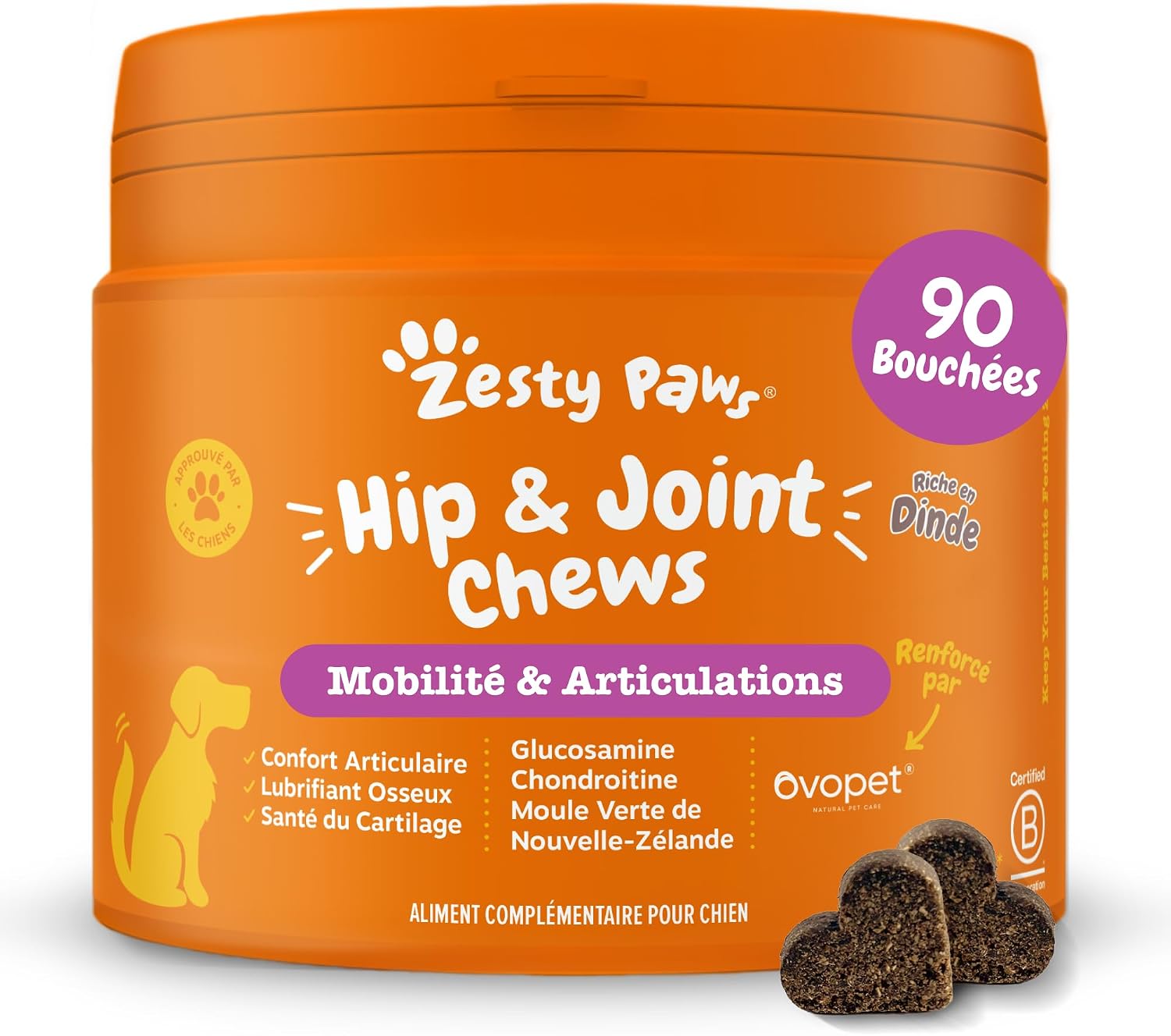 Detalle de Zesty Paws Hip & Joint Mobilité – Friandise cœur pour chiens, glucosamine et chondroïtine – Ovopet et moule verte de Nouvelle-Zélande – 90 unités
