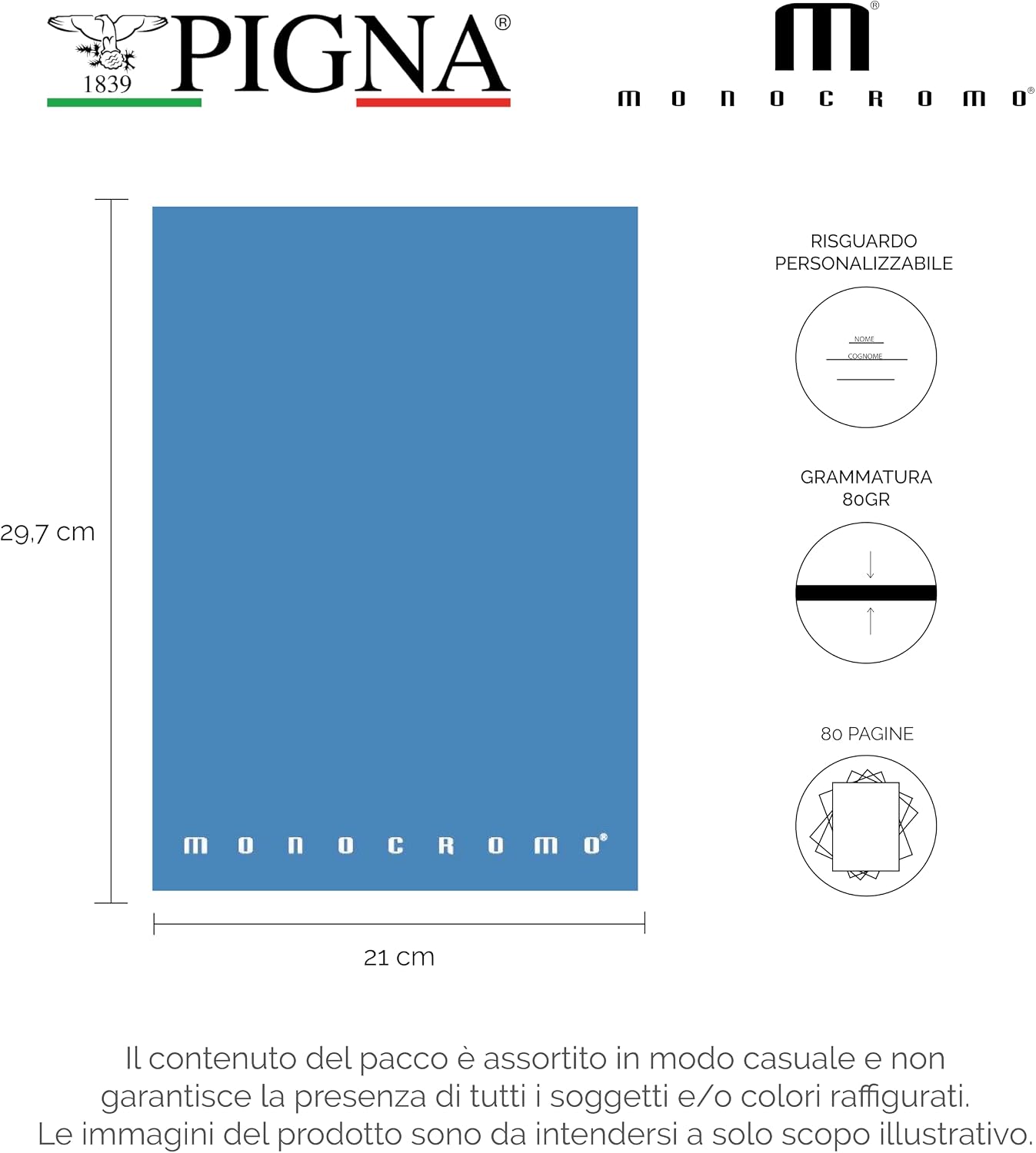 Detalle de Pigna Confezione 10 Quaderno Maxi A4 MONOCROMO THE ORIGINAL, 80 pagine / 80 g/m²