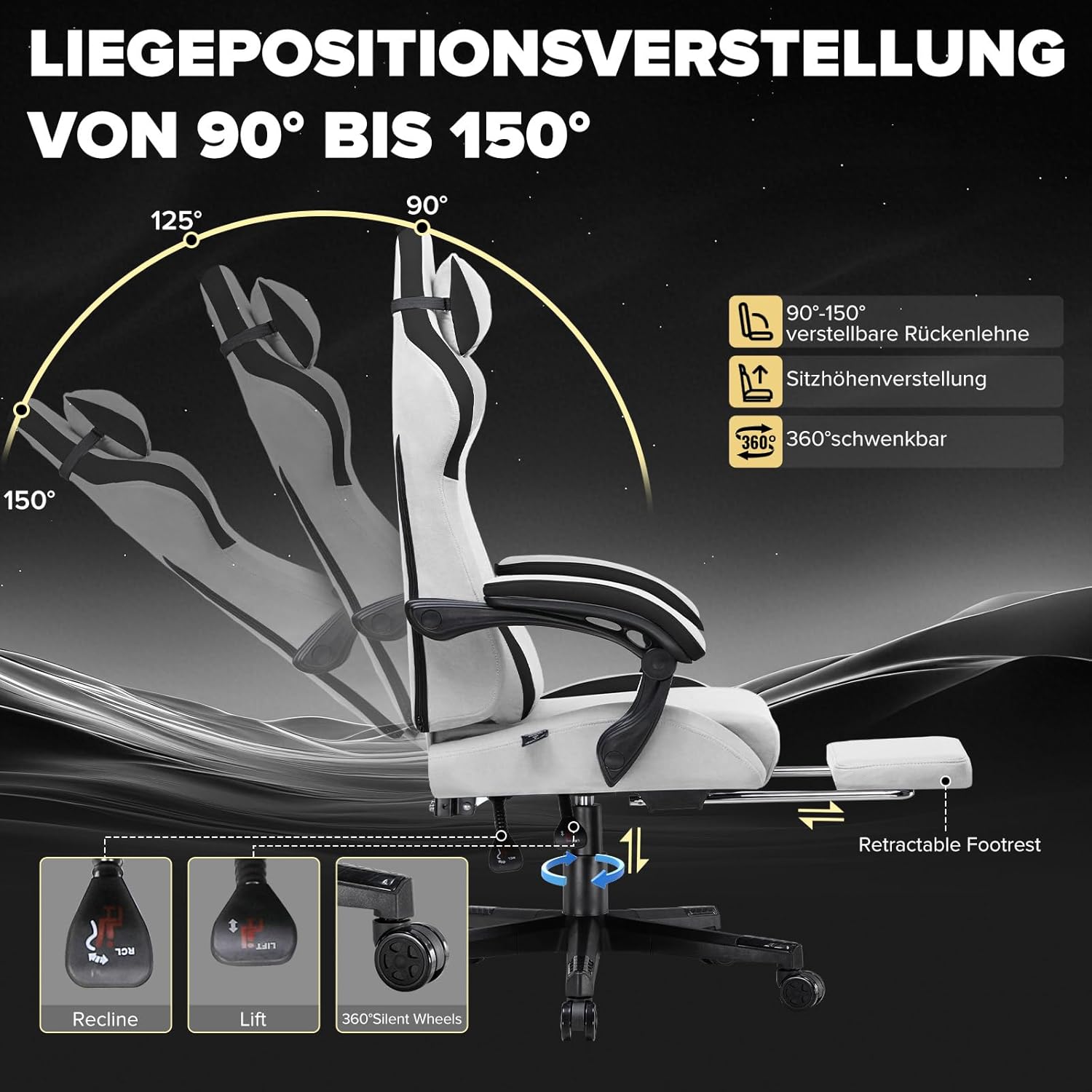Detalle 2 de GTPLAYER Gaming Stuhl – Ergonomischer Stoff-Gamer-Stuhl mit Lendenwirbelstütze, breite Rückenlehne, 150 kg Belastbarkeit, Grau