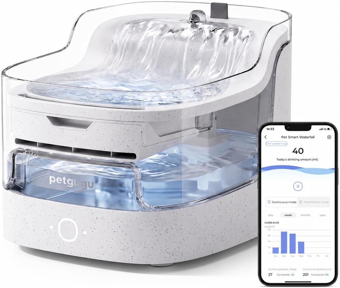 PETGUGU Fontanella Intelligente per Gatti e Cani con App e AI, pompa senza fili ultra silenziosa, WiFi 2.4G, filtro 8 strati