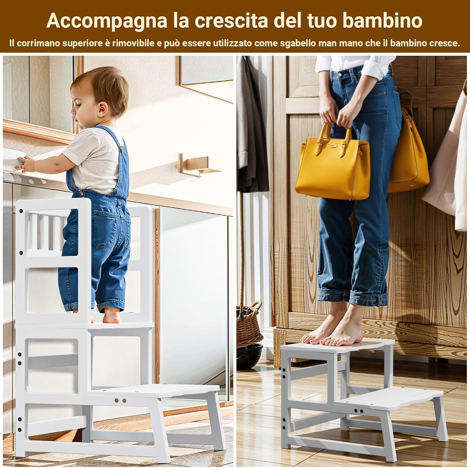 Thumbnail 4 de COSYLAND Torre Montessoriana 2 in 1 in bamboo – Bianco, protezione rimovibile e scala trasformabile