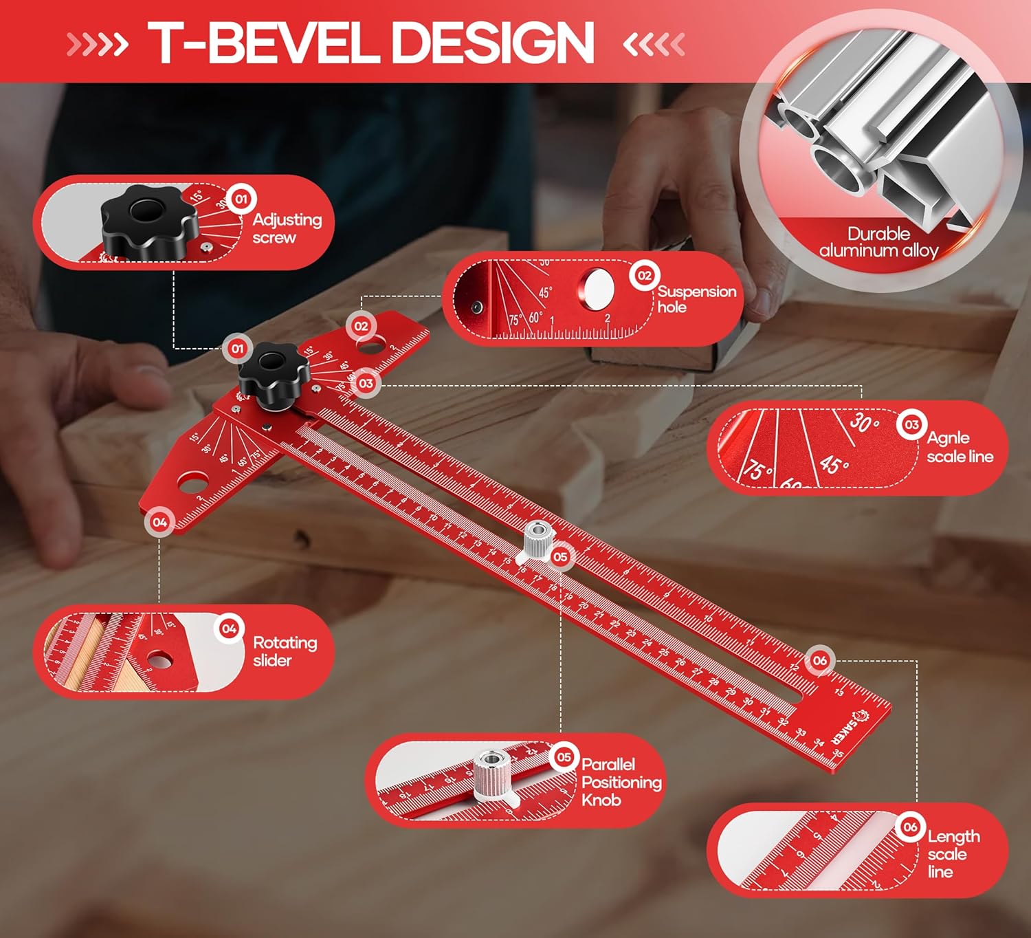 Thumbnail 2 de Saker aluminium alloy sliding T-square with precision angle adjustment scriber