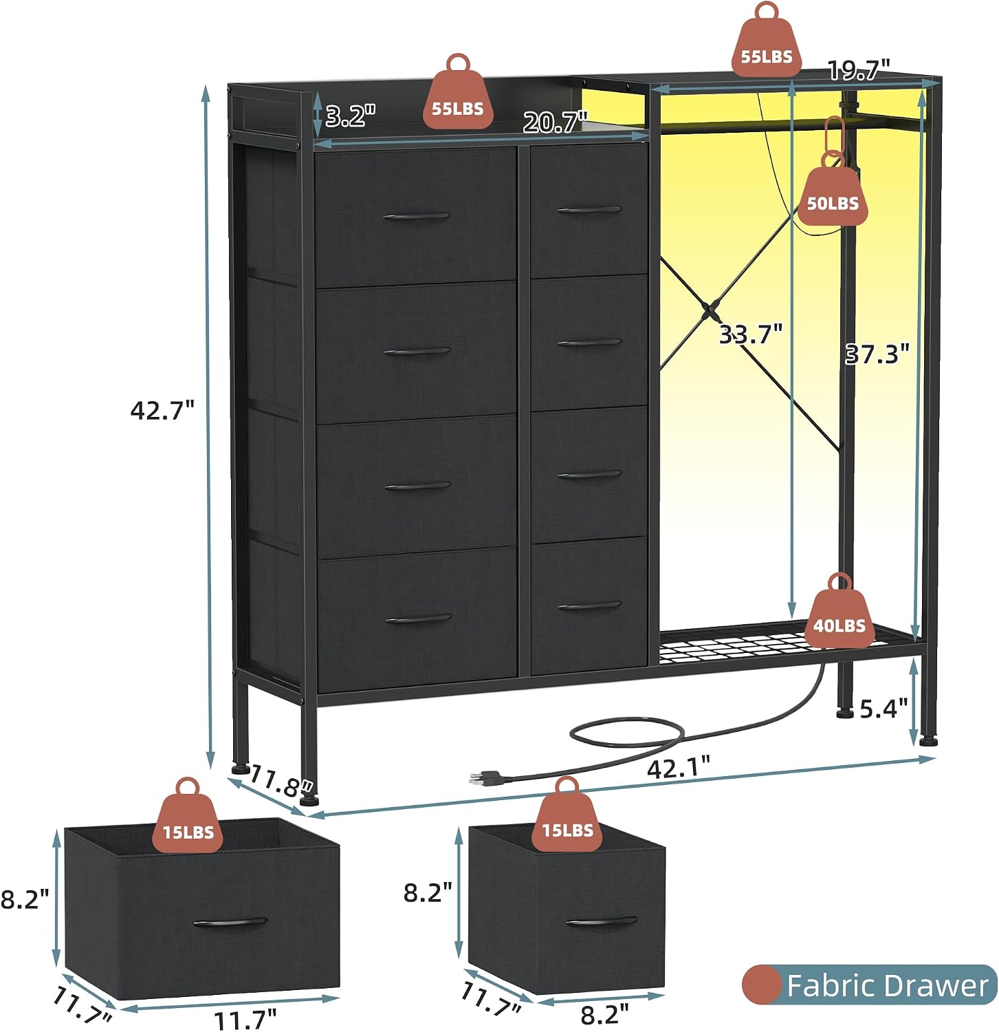 Detalle 2 de HIGDBFE 8-Drawer Dresser, 11.8-Inch Deep