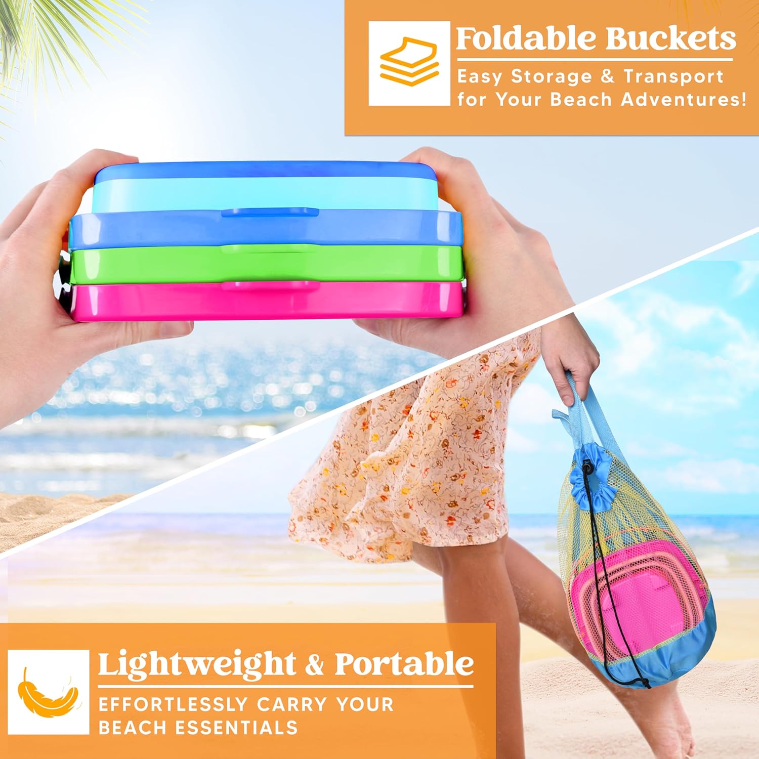 Detalle de Sloosh 3-Pack Collapsible Sand Toys – Square Foldable Pail Buckets with Shovels (Pink/Blue/Green)