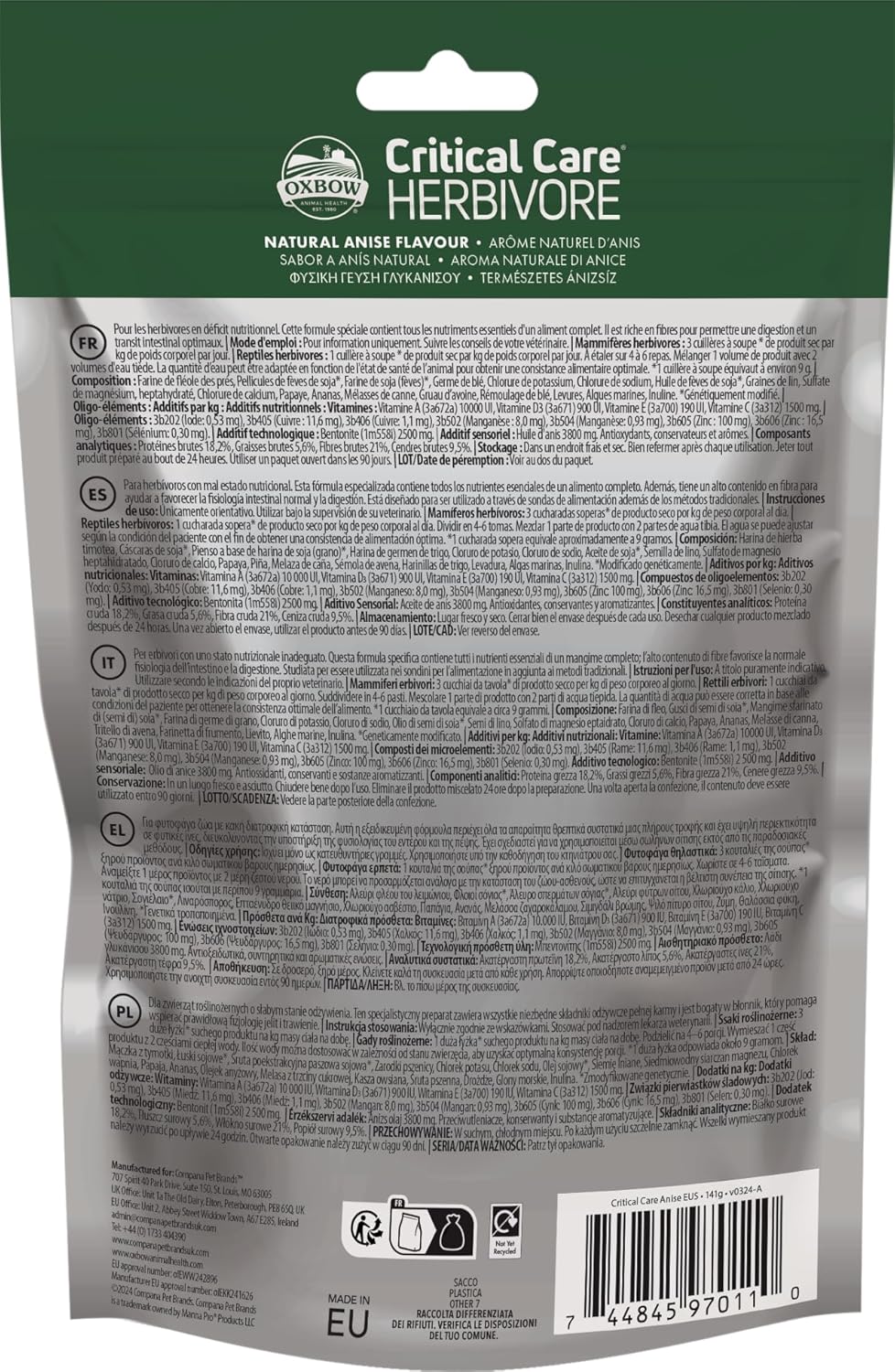 Detalle de Oxbow Critical Care Herbivore Anis 141g — Soin nutritionnel pour lapins et cochons d'Inde