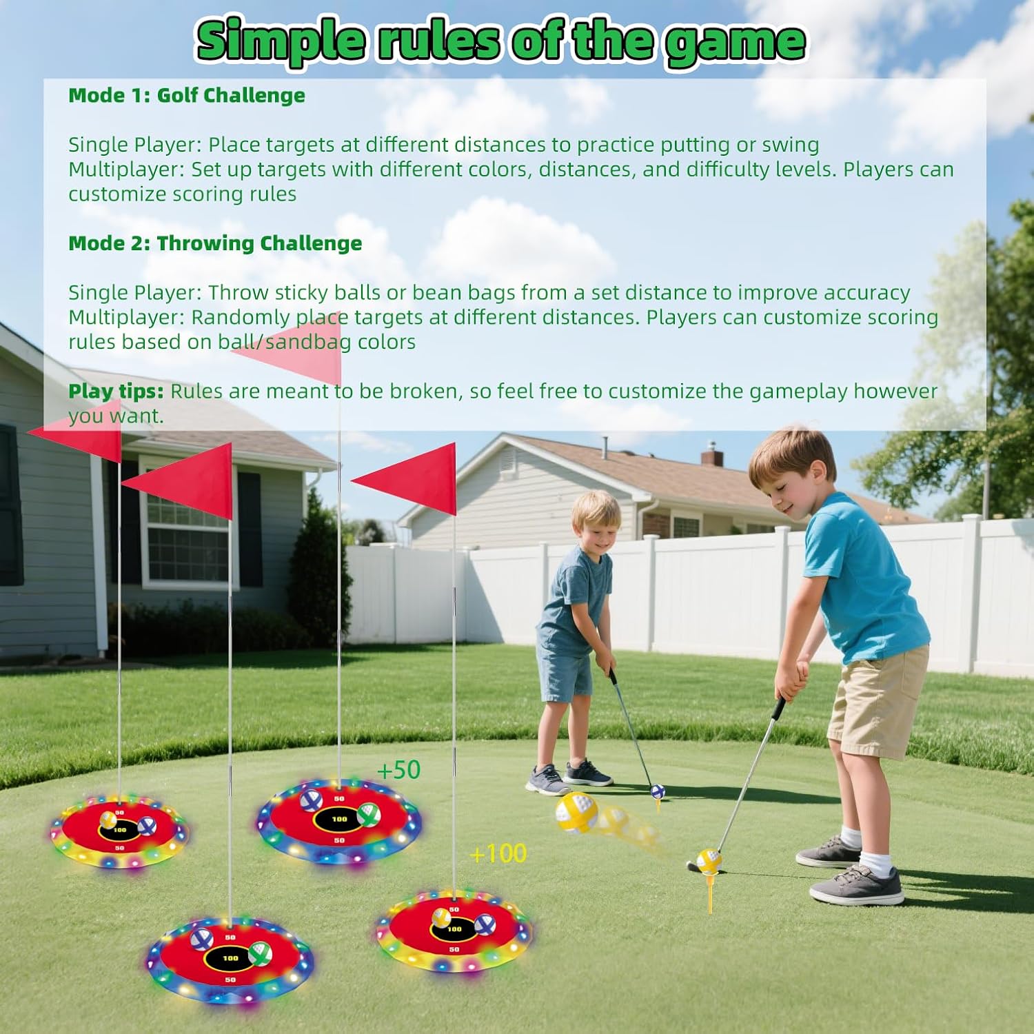 Thumbnail 5 de VATOS 2-in-1 Golf con luci per bambini – Gioco di chipping e lancio con bersagli LED, 2 mazze e 18 palline
