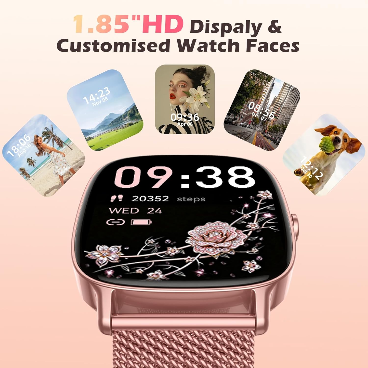 Thumbnail 5 de Smart Watches for Women with 1.85'' HD Screen, Health Monitoring, and Dual Straps – Rose Gold