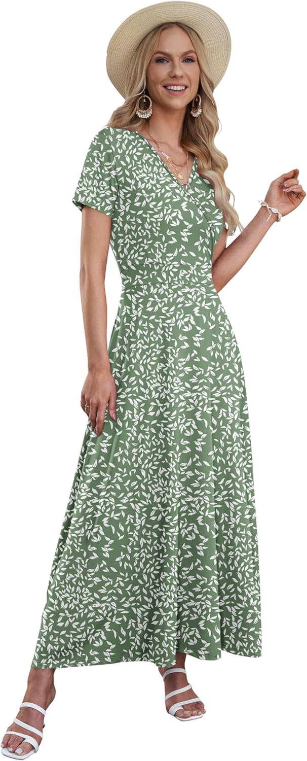 Detalle de Robe Longue Femme AUSELILY – Col en V, manches courtes, taille haute, poches
