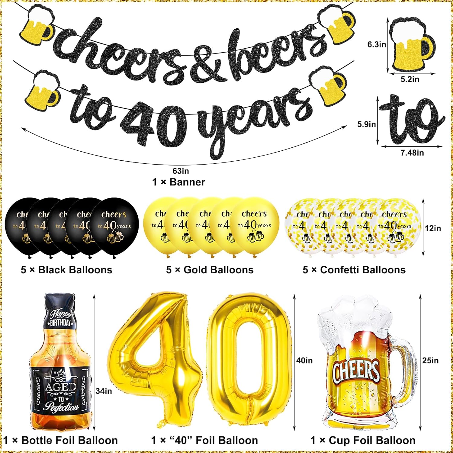 Thumbnail 1 de 40th Birthday Decoration Kit: Happy 40 Balloons, 40 Banner & Black & Gold Foil Balloons