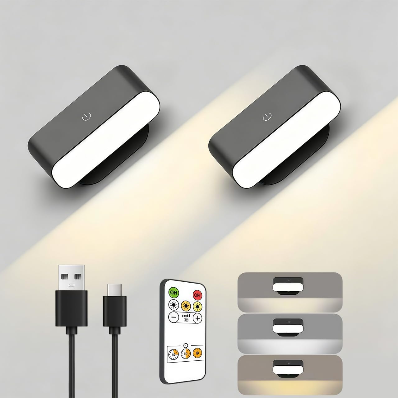 Detalle de Alinana LED Akku Wandleuchte Innen – 2er Pack, kabellos, Touch- und Fernbedienung, 3 Farben dimmbar und 360° drehbar