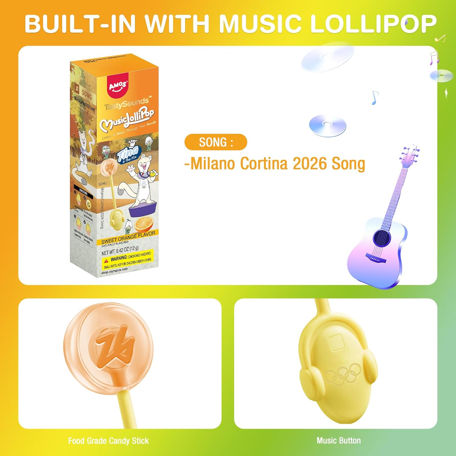 Detalle de AMOS Musik-Lutscher Audio Lollipop (1 Stück, Orange) – zuckerfrei, glutenfrei, einzeln verpackt