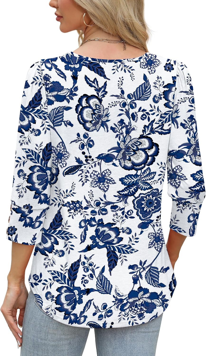 Detalle de WIHOLL 3/4 Sleeve V-Neck Blouse with Triple-Button Cuffs for Dressy Casual & Work