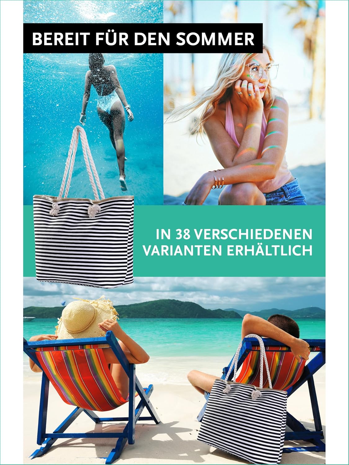 Detalle de DonDon Strandtasche XXL mit Reißverschluss – große Beach- & Badetasche für Strand und Meer