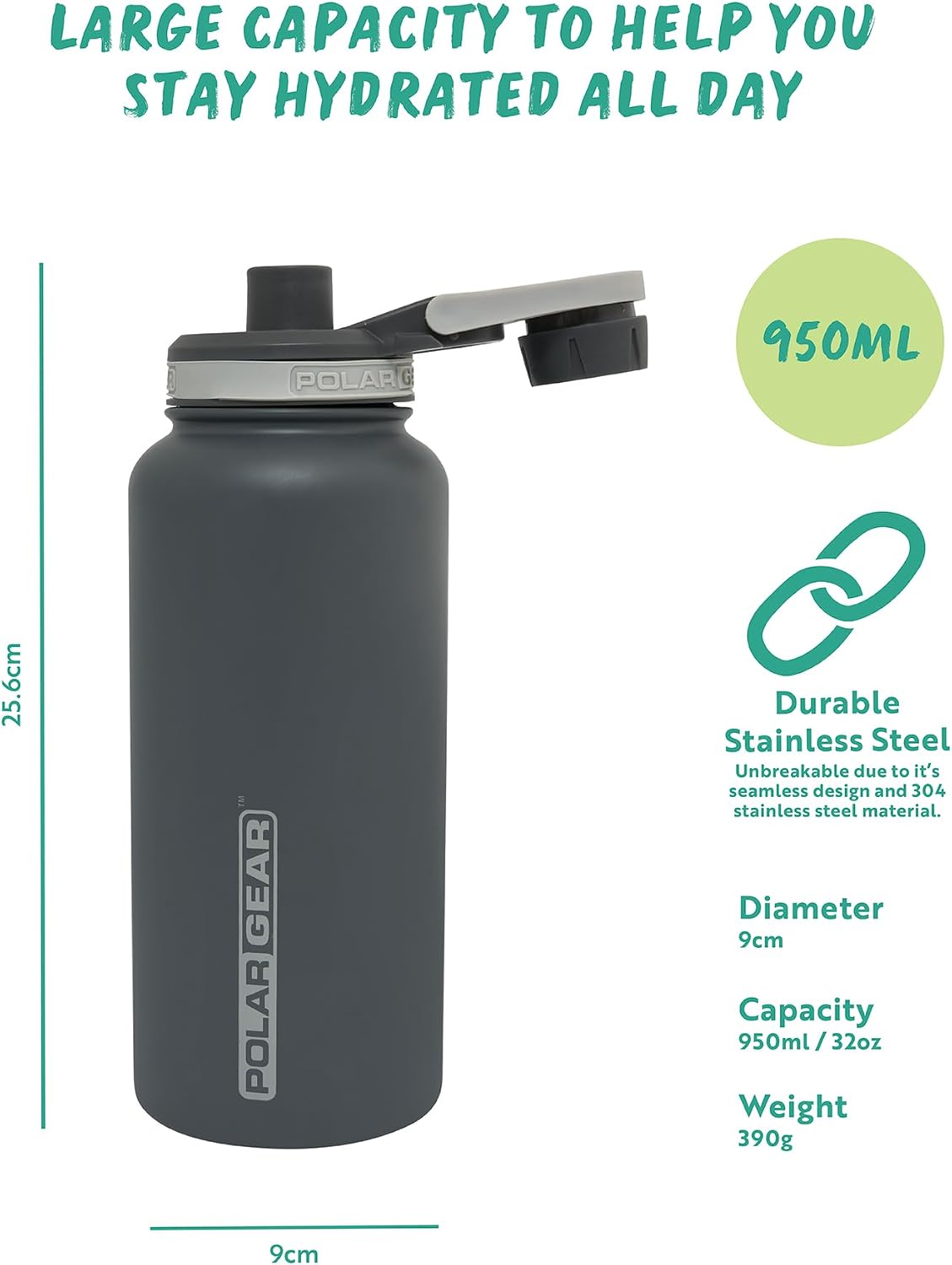 Detalle de Polar Gear Stainless Steel Water Bottle 1L (Graphite)