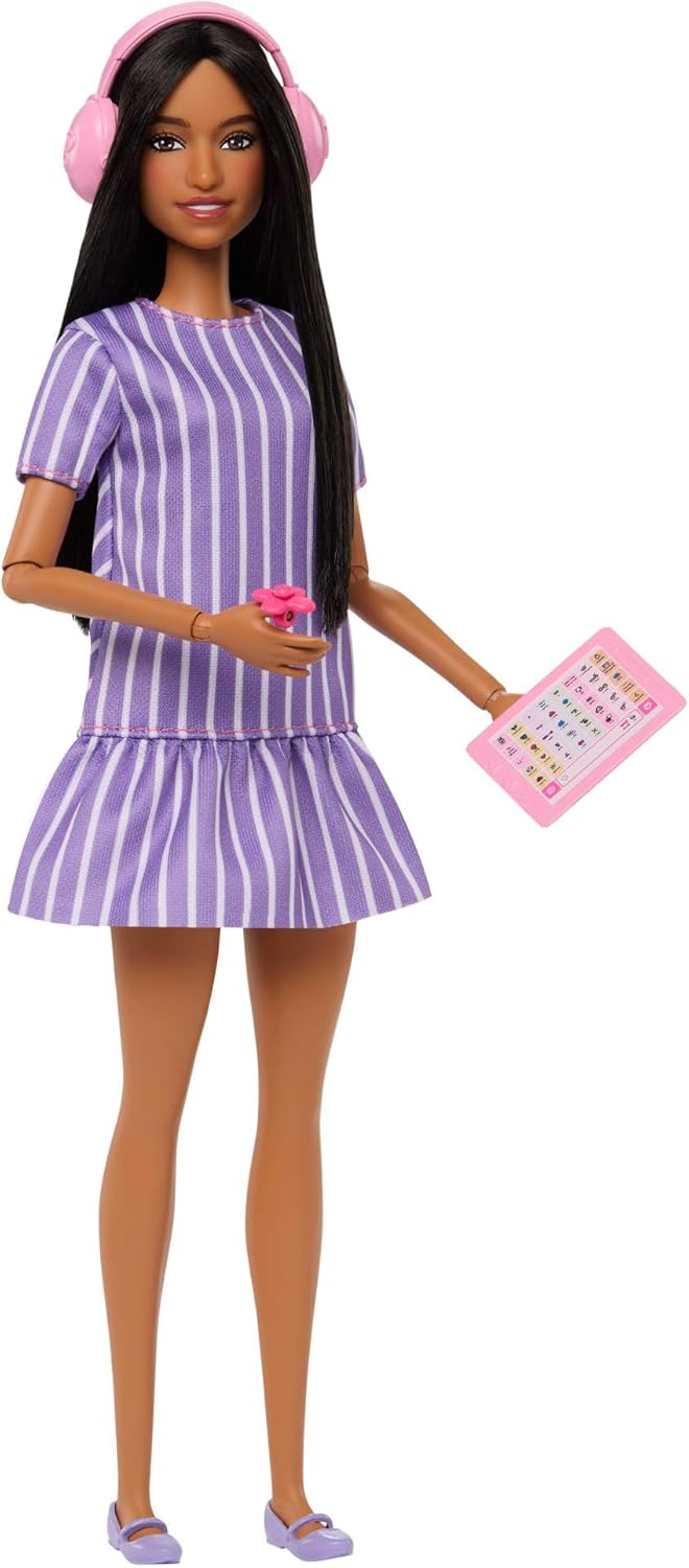 Detalle de Barbie Fashionistas Puppe Nr. 245 – Autistische Barbie mit violett gestreiftem Kleid und Zubehör (JJN58)