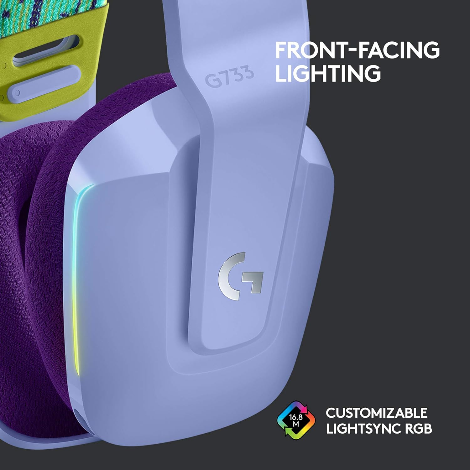 Detalle de Logitech G G733 LIGHTSPEED Wireless Gaming Headset (Lilac) with PRO-G audio drivers and LIGHTSYNC RGB