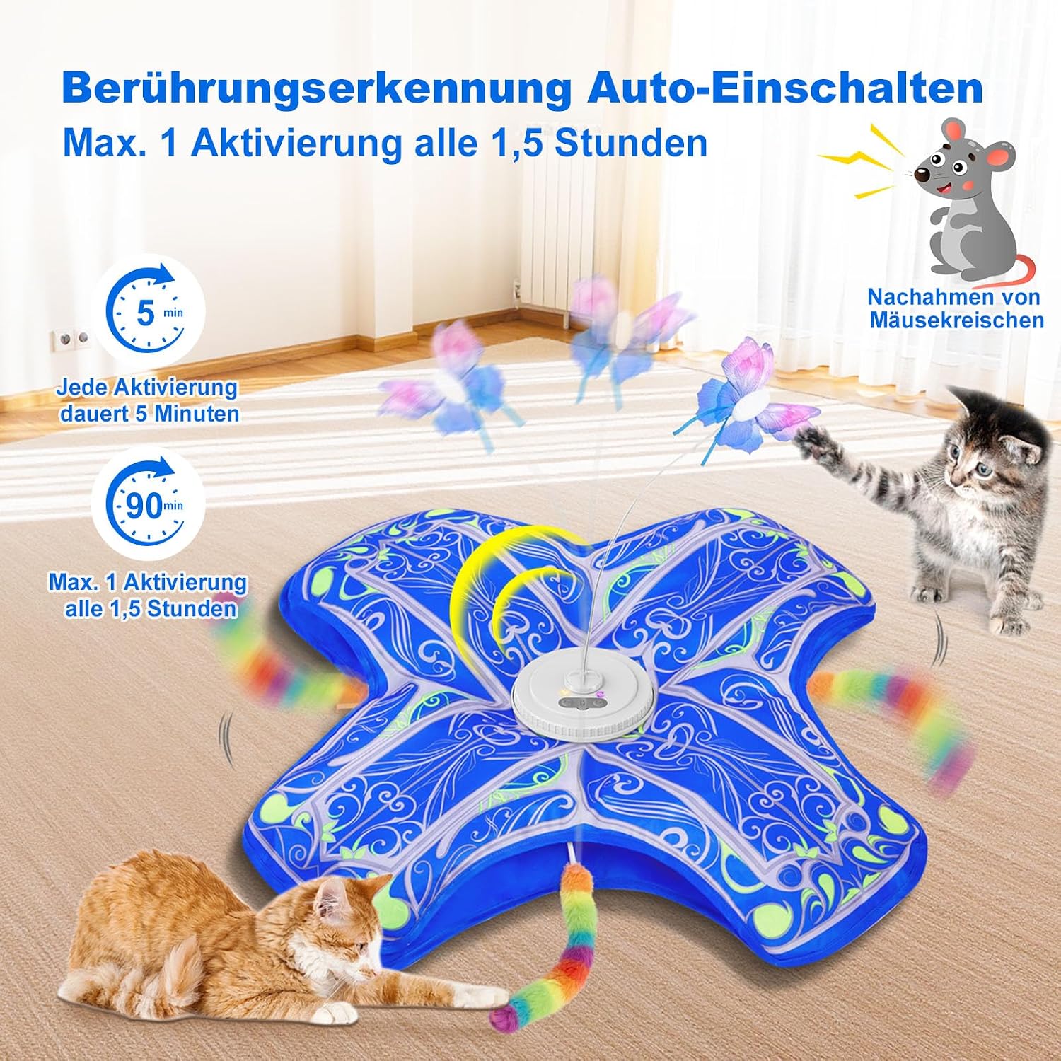 Thumbnail 2 de Qraxond interaktives Katzenspielzeug für Wohnungskatzen – wiederaufladbares Versteckspiel mit flatterndem Spielzeug (Blau)