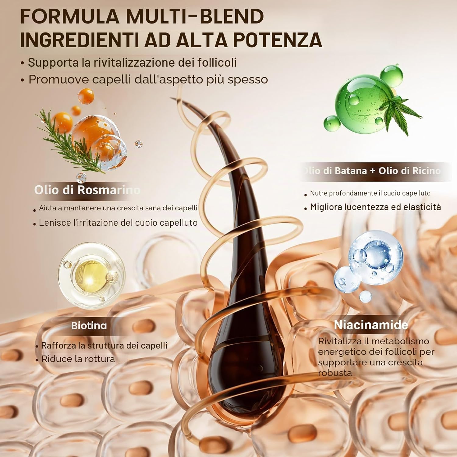 Detalle de Spray Siero per la Crescita dei Capelli 60 ml con Olio di Rosmarino, Olio di Ricino e Biotina