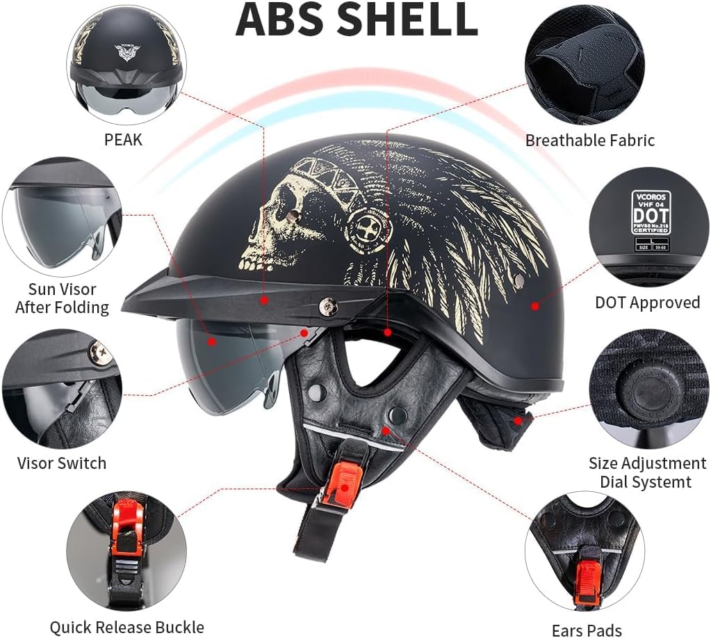 Detalle 2 de VCOROS VHF04 Half Helmet: Retro Open-Face DOT-Certified Cruiser Helmet with Sun Visor