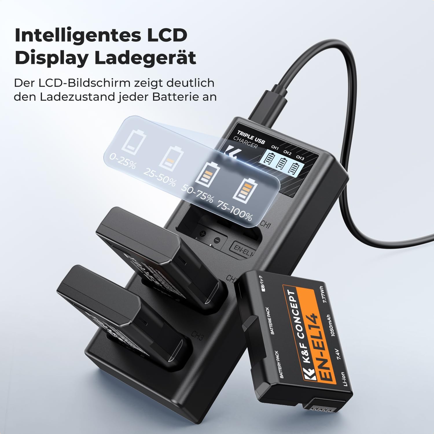 Detalle 2 de K&F CONCEPT EN-EL14/EN-EL14a 3er-Pack Akku + LCD-Ladegerät – kompatibel mit Nikon D5300/D5600 u. a.
