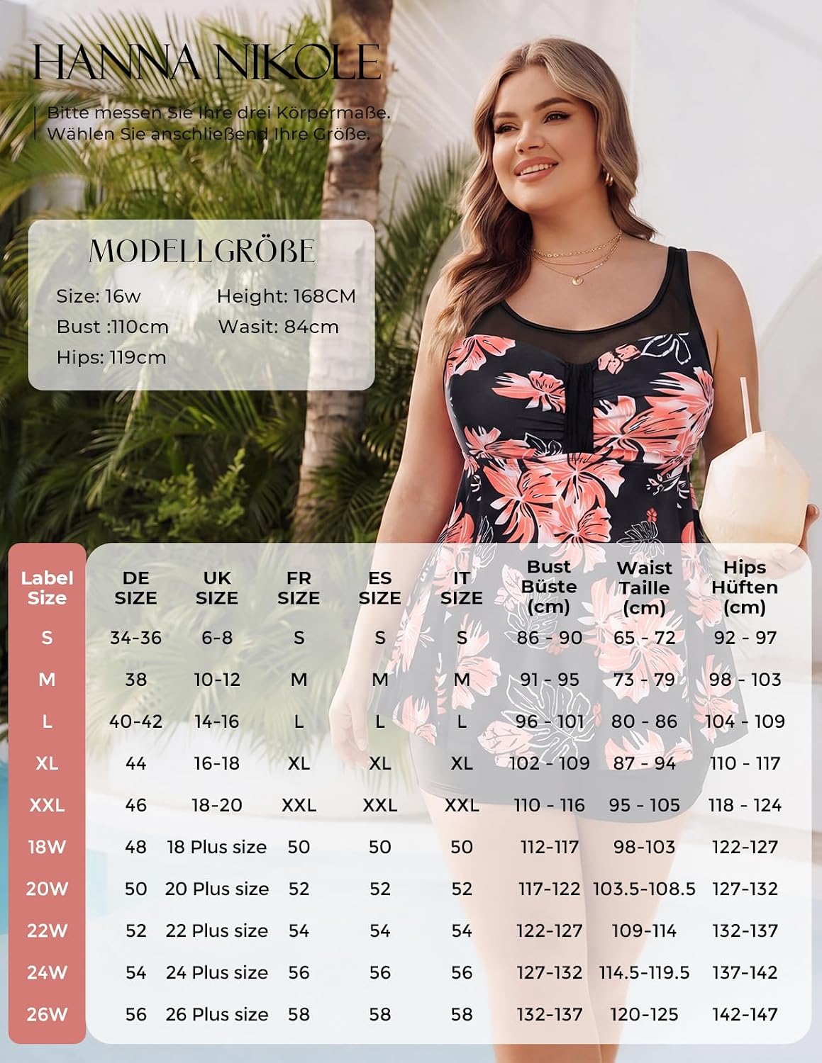 Detalle de Hanna Nikole Tankini Damen Set mit High-Waist-Badeshorts – Bauchweg-Top mit Mesh-Einsätzen