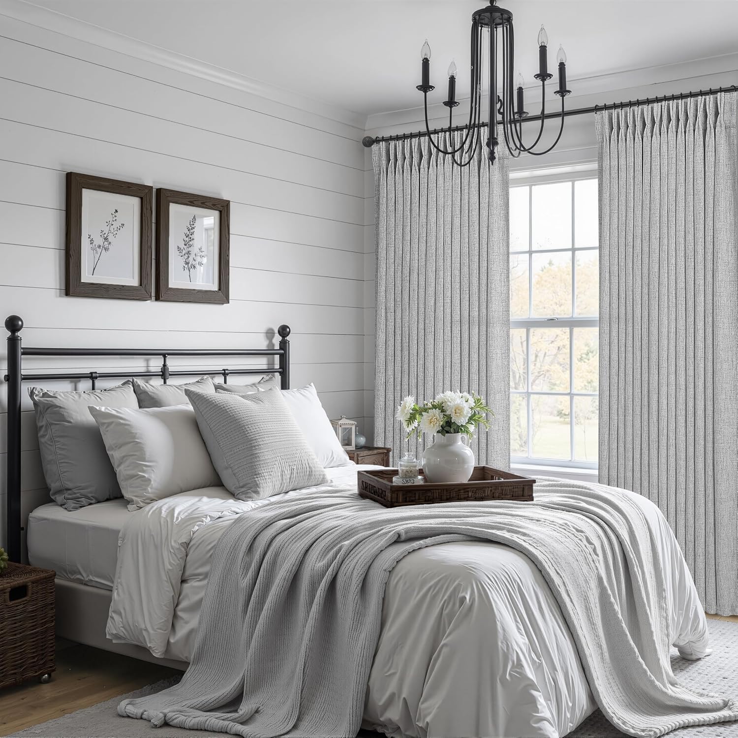 Detalle de Unique Light Grey Pinch Pleat Thick Natural Linen 86 Inch Curtain Set (2 Panels) with Memory Pleats and Back Tab