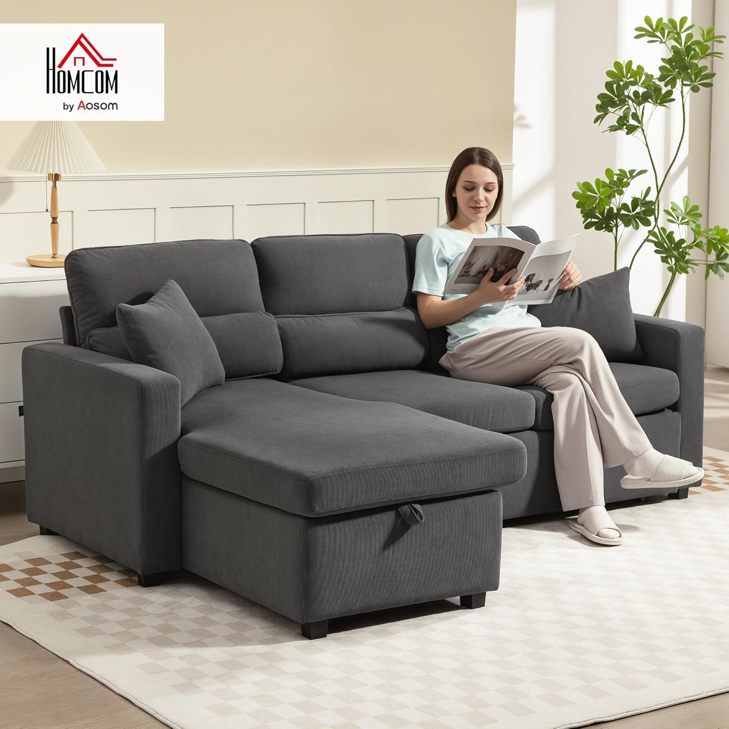 Detalle de HOMCOM Canapé d'angle Convertible Réversible en Velours Côtelé – Canapé-Lit 3 Places 205 cm avec Chaise Longue et Rangement, Gris