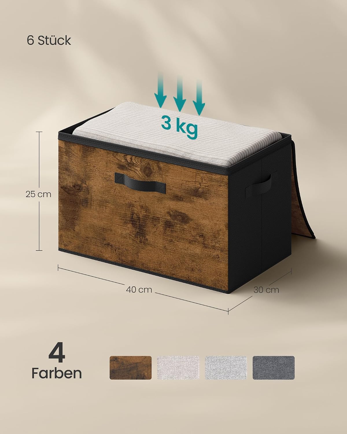 Detalle de SONGMICS Aufbewahrungsbox mit Deckel (6er Set) faltbar, mit Griffen – Vliesstoff, vintagebraun RYZ103BH03, 40 x 30 x 25 cm
