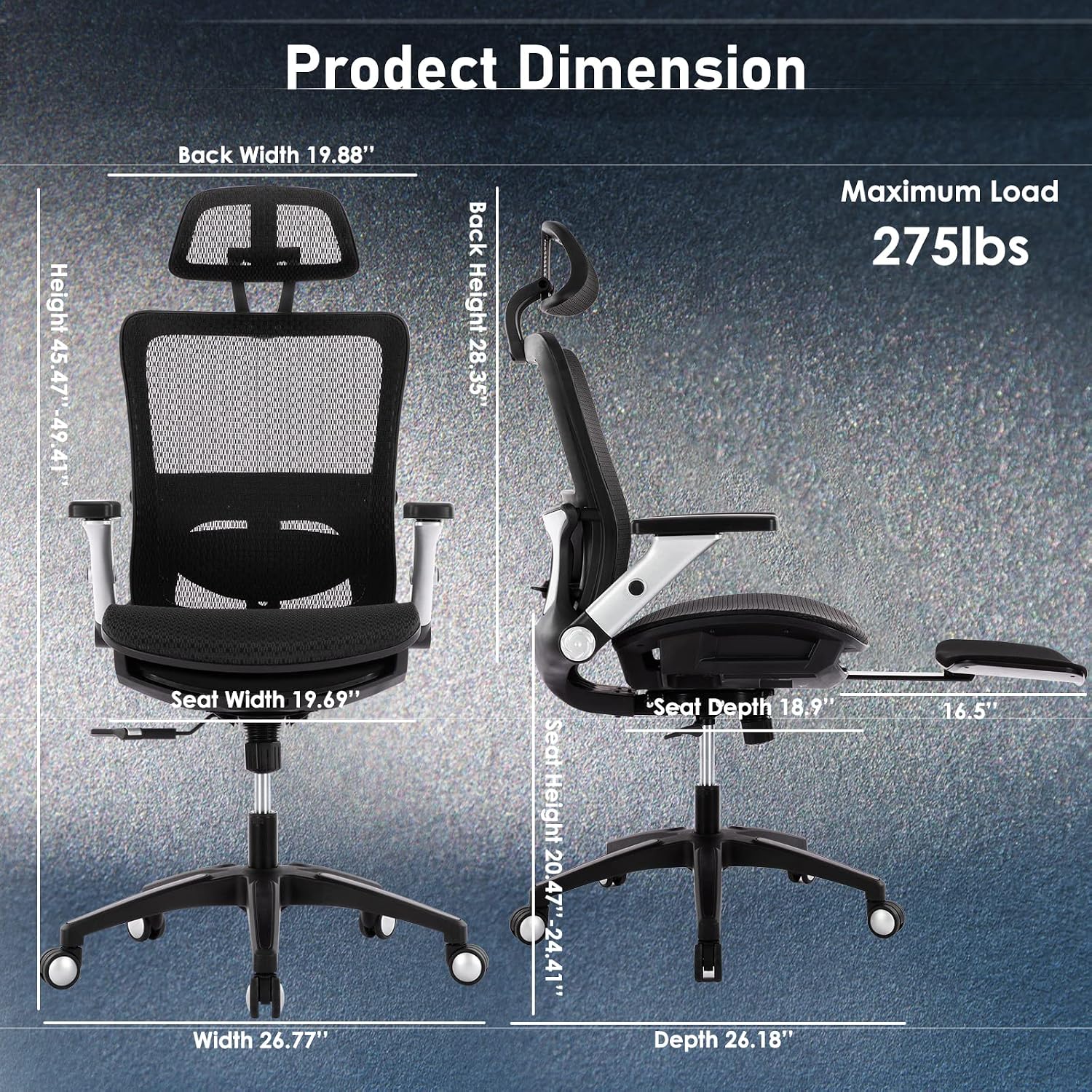 Detalle de COLAMY 2577F Ergonomic Mesh Office Chair with Footrest and 4D Arms, Black