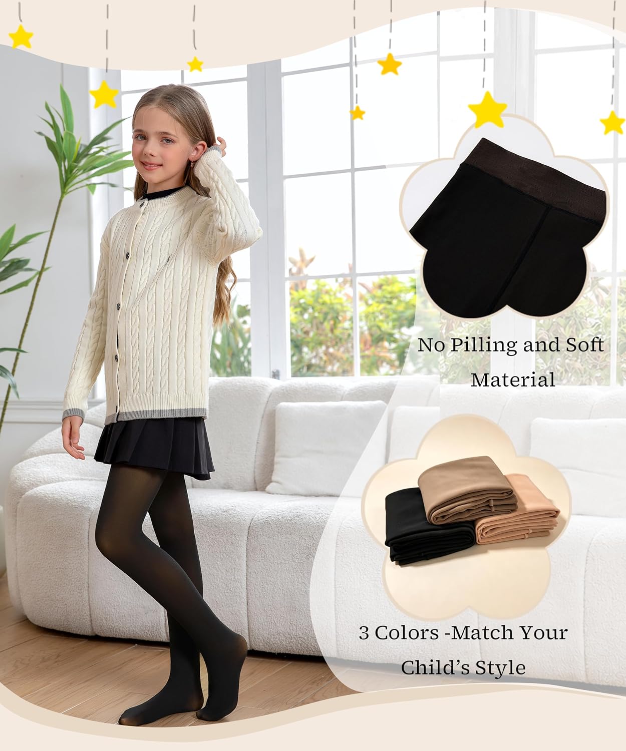Detalle 2 de Hiltzo Girls Fleece-Lined Winter Tights with Faux Sheer Look