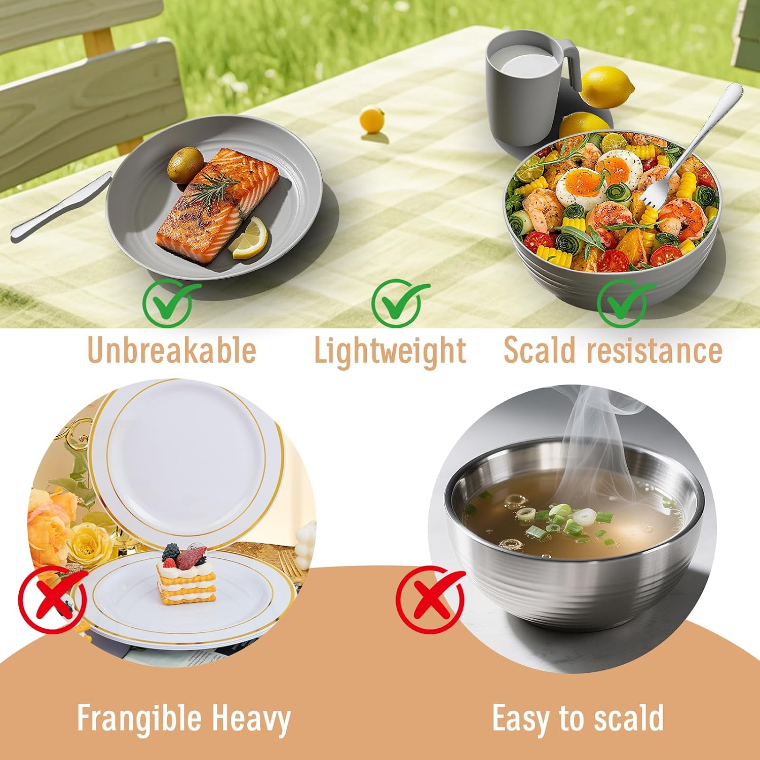 Detalle de Camping Plates and Bowls Set: Unbreakable, Portable Dinnerware for 1