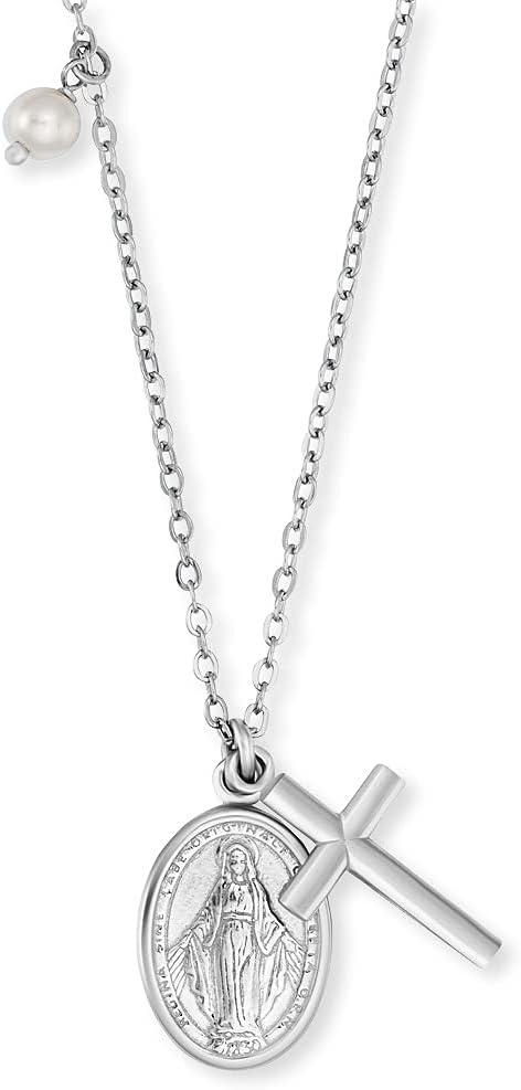 Detalle de Engelsrufer Damen Halskette aus Sterling Silber mit Kreuz- und Maria-Anhänger, Muschelperle, verstellbar 40–44 cm, nickelfrei