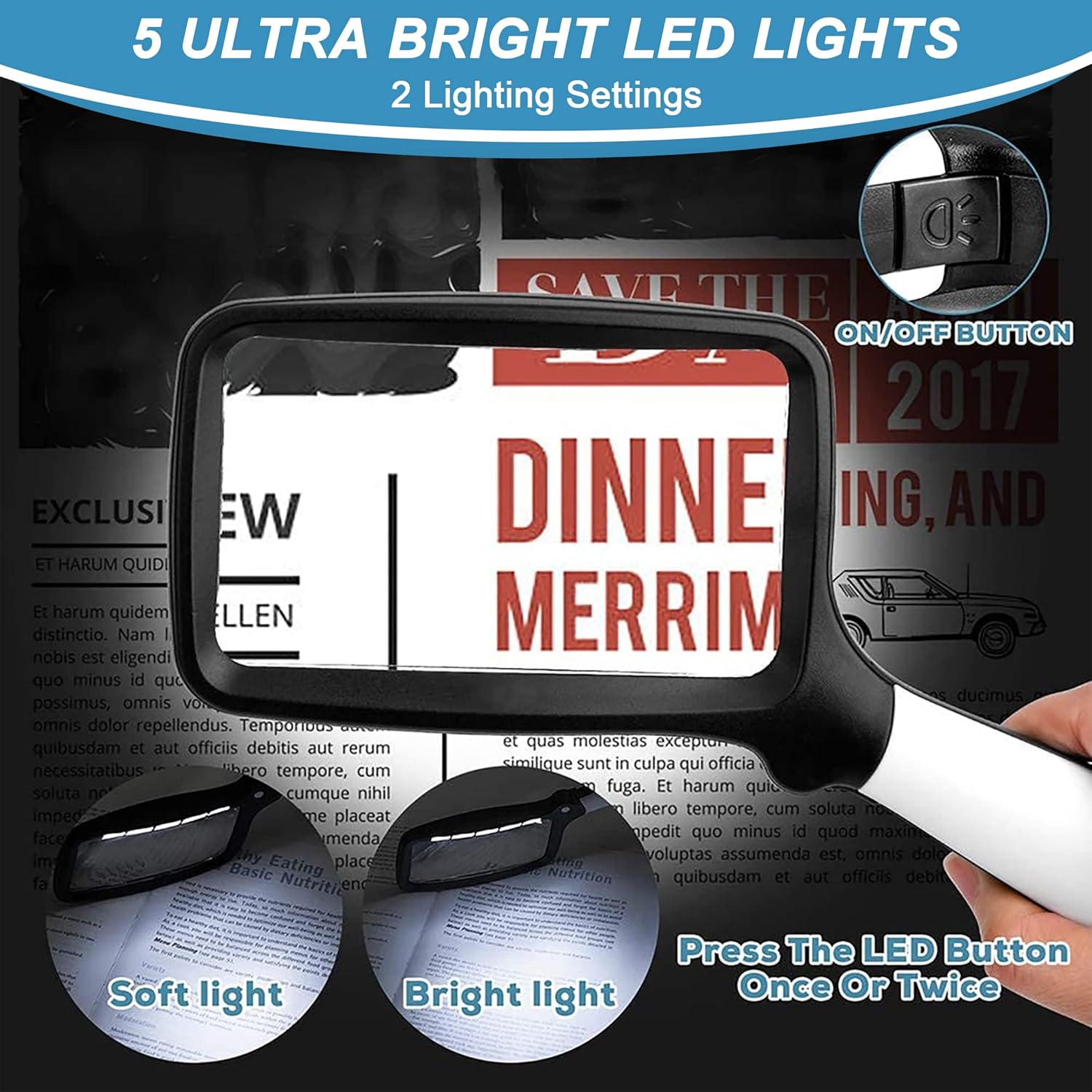 Thumbnail 1 de Nazano Rectangular LED Magnifying Glass with Light, 5 LEDs and 3x Magnification (Foldable, 2 Brightness Modes)