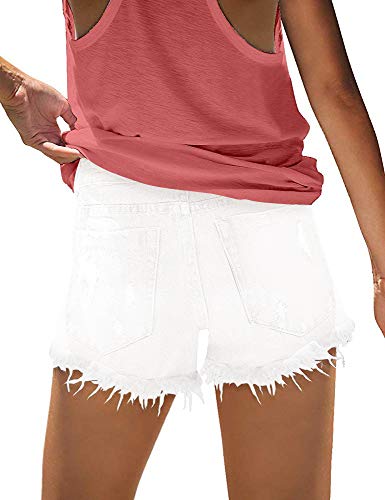 Detalle 1 de KISSMODA High Waisted Denim Shorts for Ladies – White Distressed Summer Casual