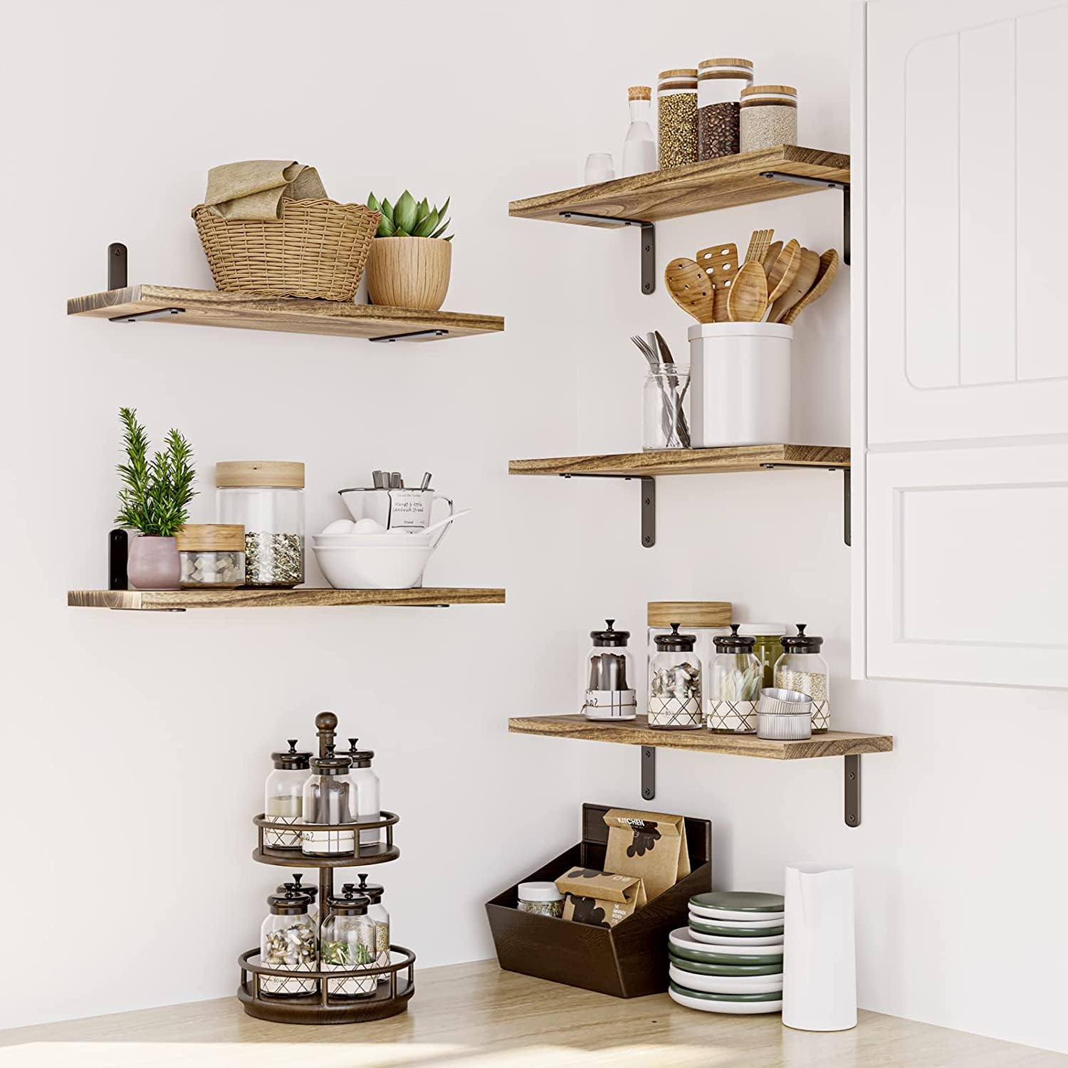 Detalle de Mardili Shelves Wood Wall Mounted Shelf, Rustic Set of 5 (Light brown) – Practical Floating Shelves for Small Décor