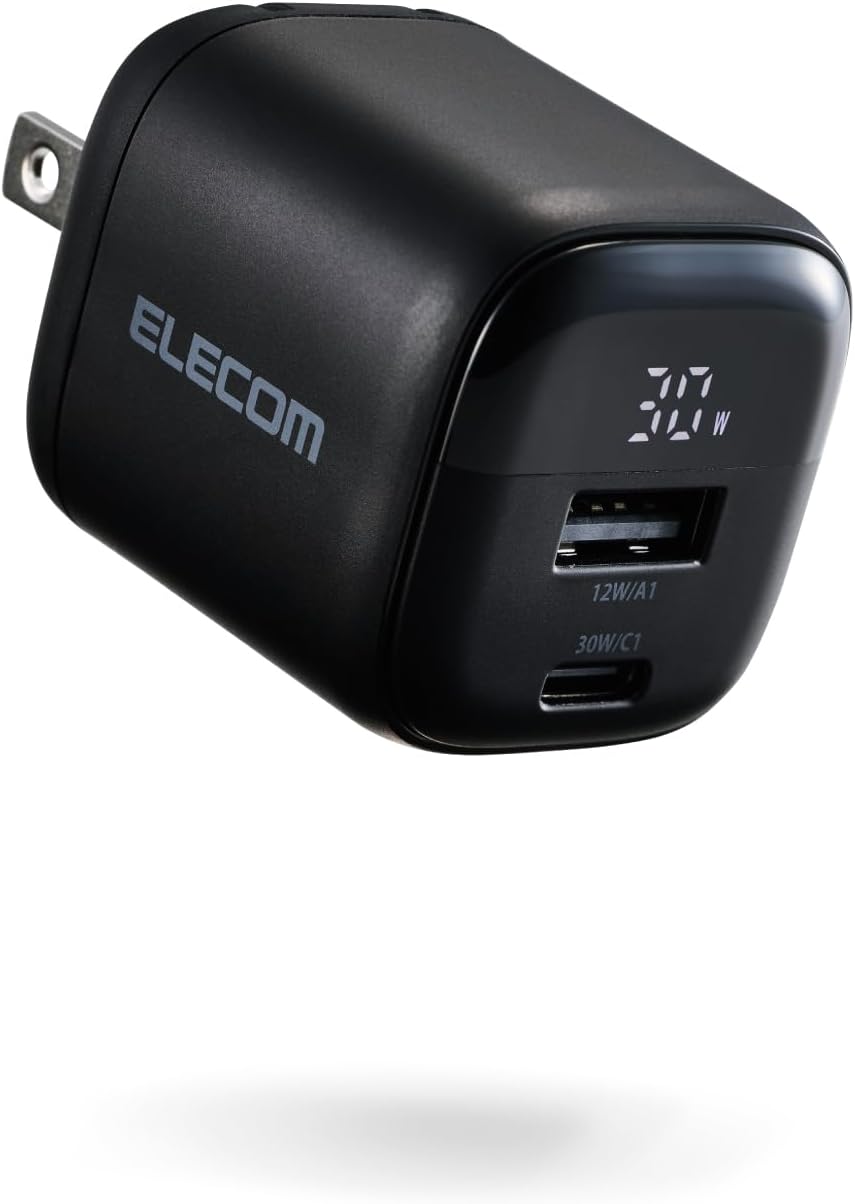 Detalle de エレコム EC-AC13030BK USB充電器 30W・2ポート、電力表示・GaN搭載