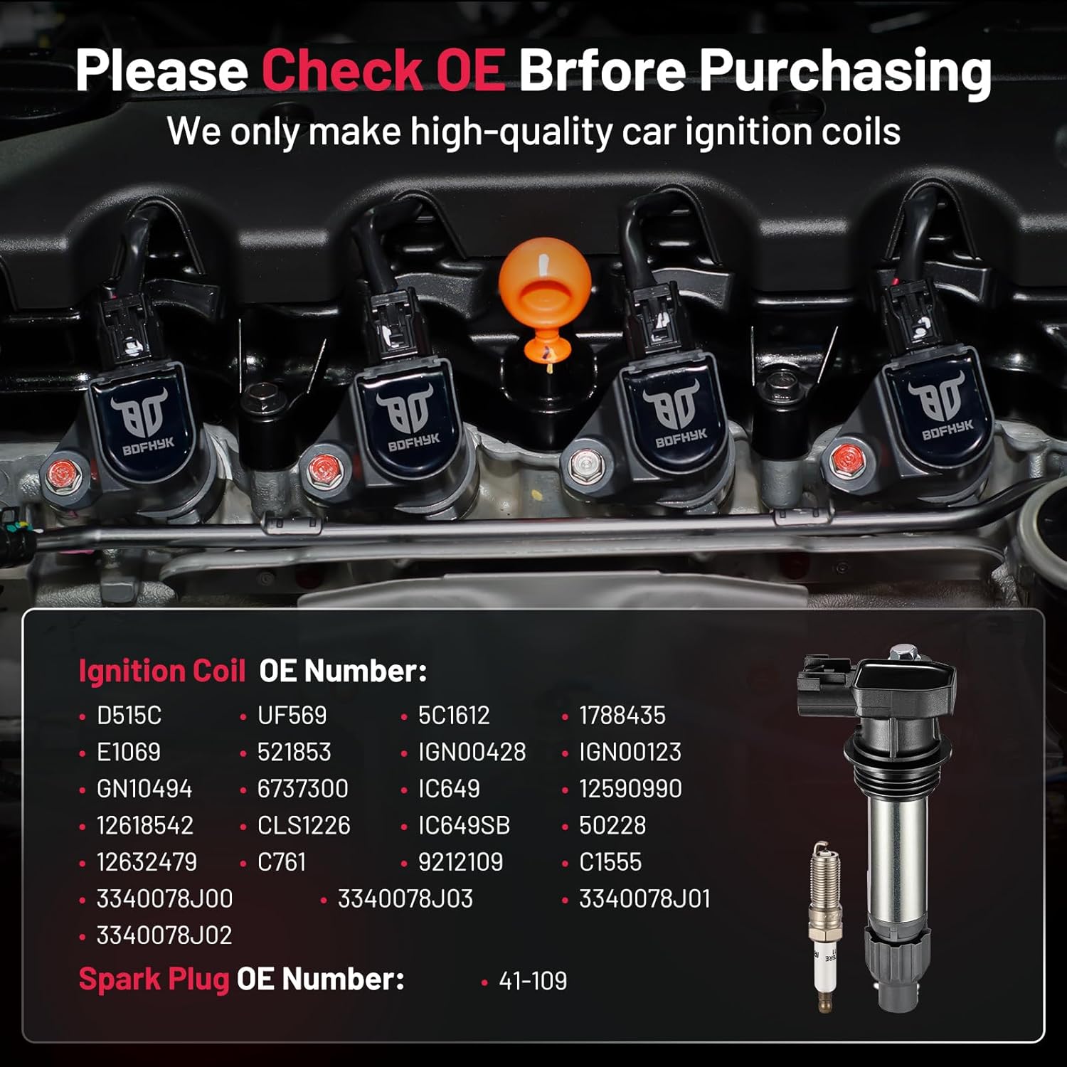 Detalle de BDFHYK Ignition Coil Pack UF569 + Iridium Spark Plugs 41-109 — 6‑Piece Set for Buick, Cadillac, Chevy, GMC (OE fit check)