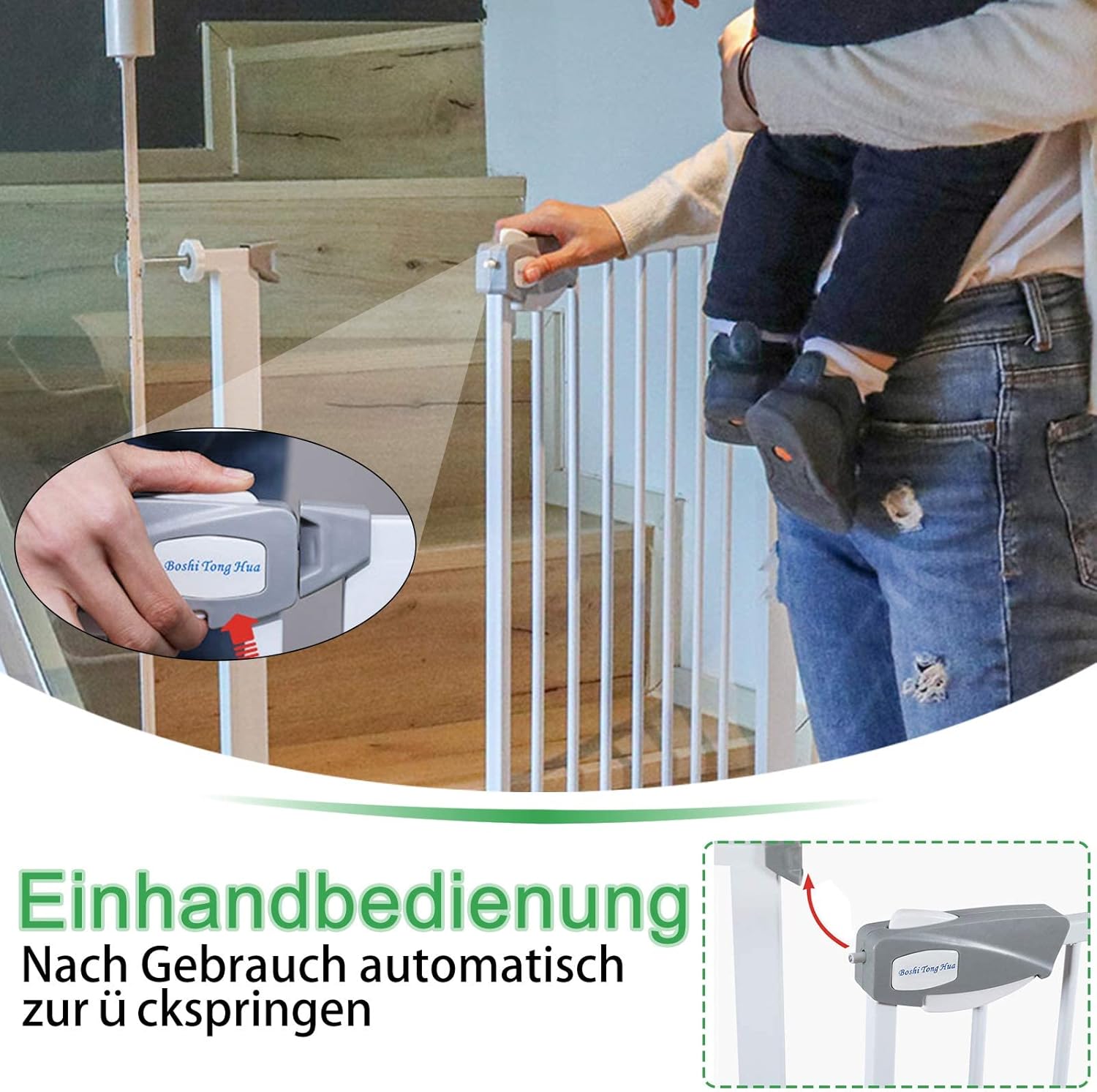 Thumbnail 4 de YRHome Türschutzgitter ohne Bohren für Kinder – Treppengitter mit Auto-Close, 180° Zweiwegeöffnung, 95–105 cm Breite, weiß
