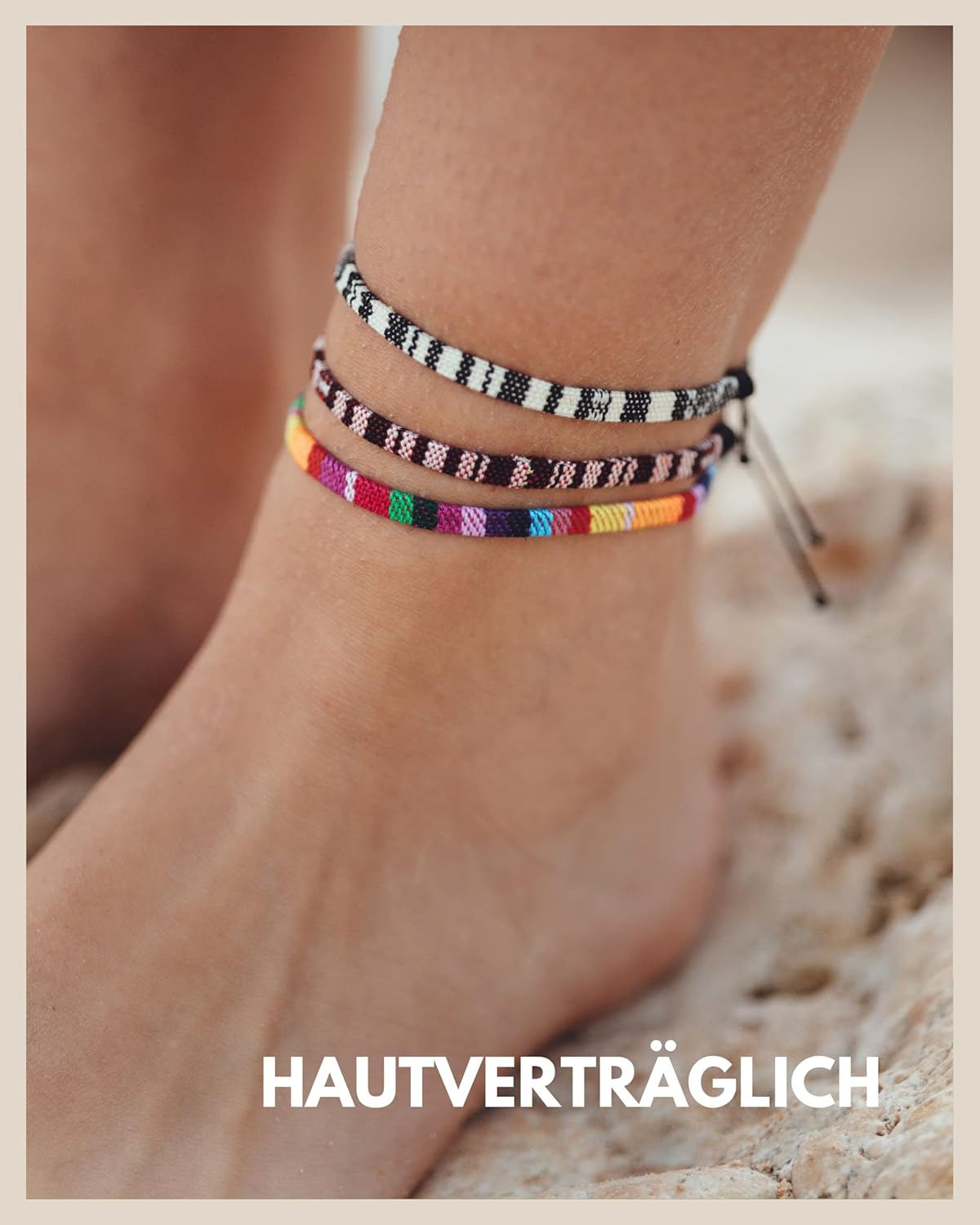 Detalle de Surfer Fußband Damen und Herren – Buntes, wasserfestes Fußkettchen aus Baumwolle, größenverstellbar (16–32 cm)