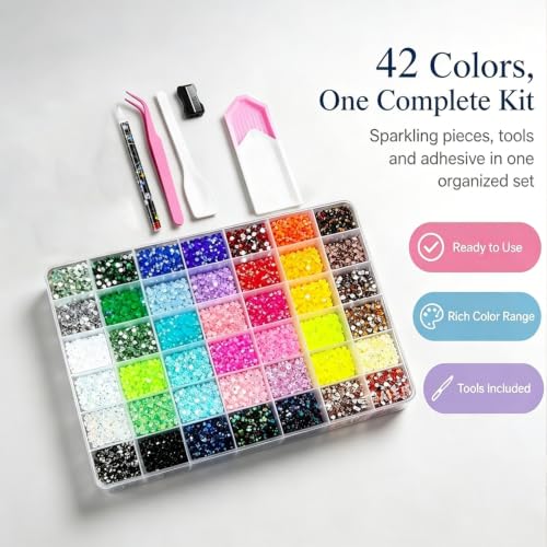 Detalle de Mytovosn 42000 Pcs 3mm Resin Jelly Rhinestones Kit with 42 Colours – Flatback Rainbow Gems, Includes Tweezer and Rhinestone Pen