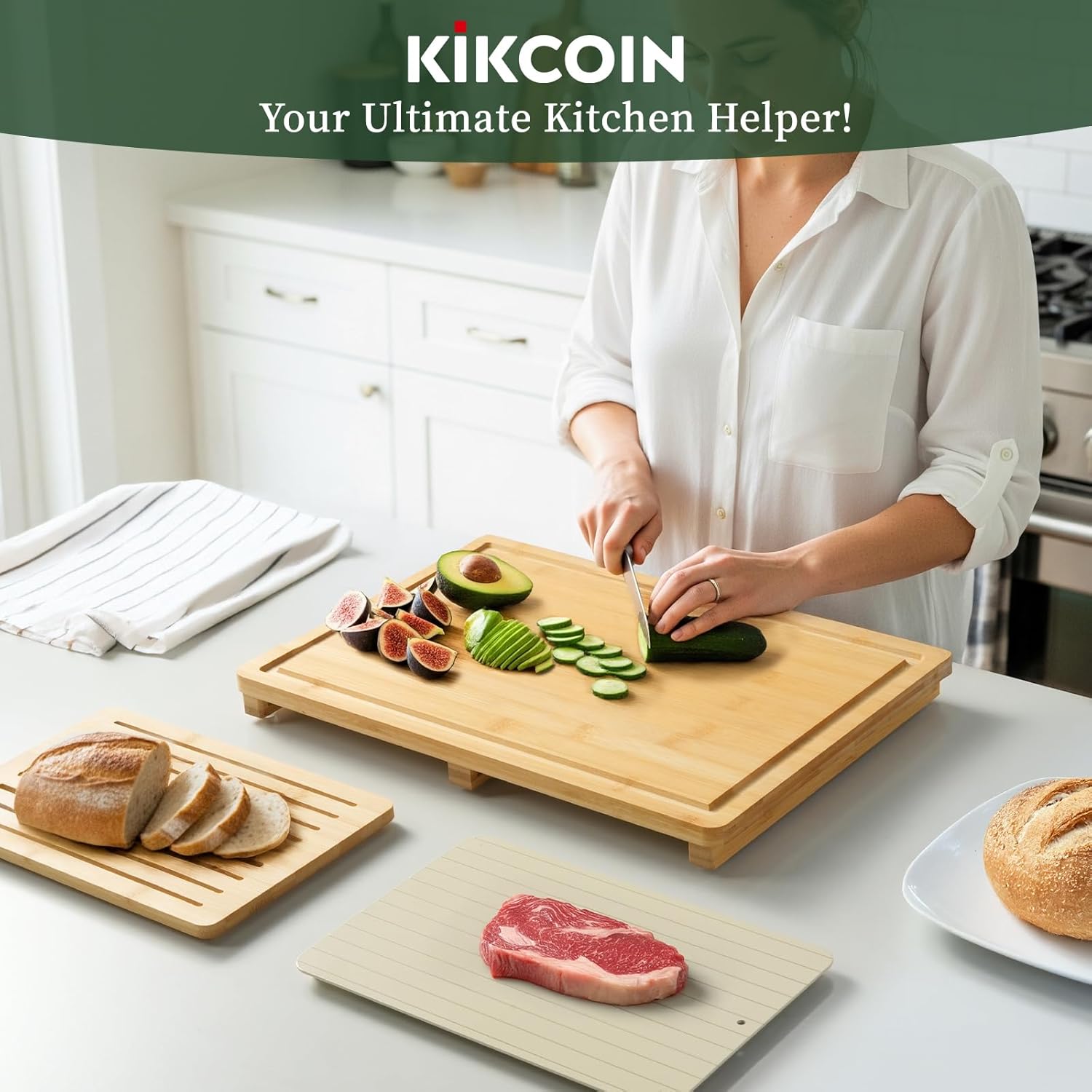 Thumbnail 6 de Kikcoin Bamboo Cutting Board Set with Defrosting Tray: All-in-One Meal Prep Kit